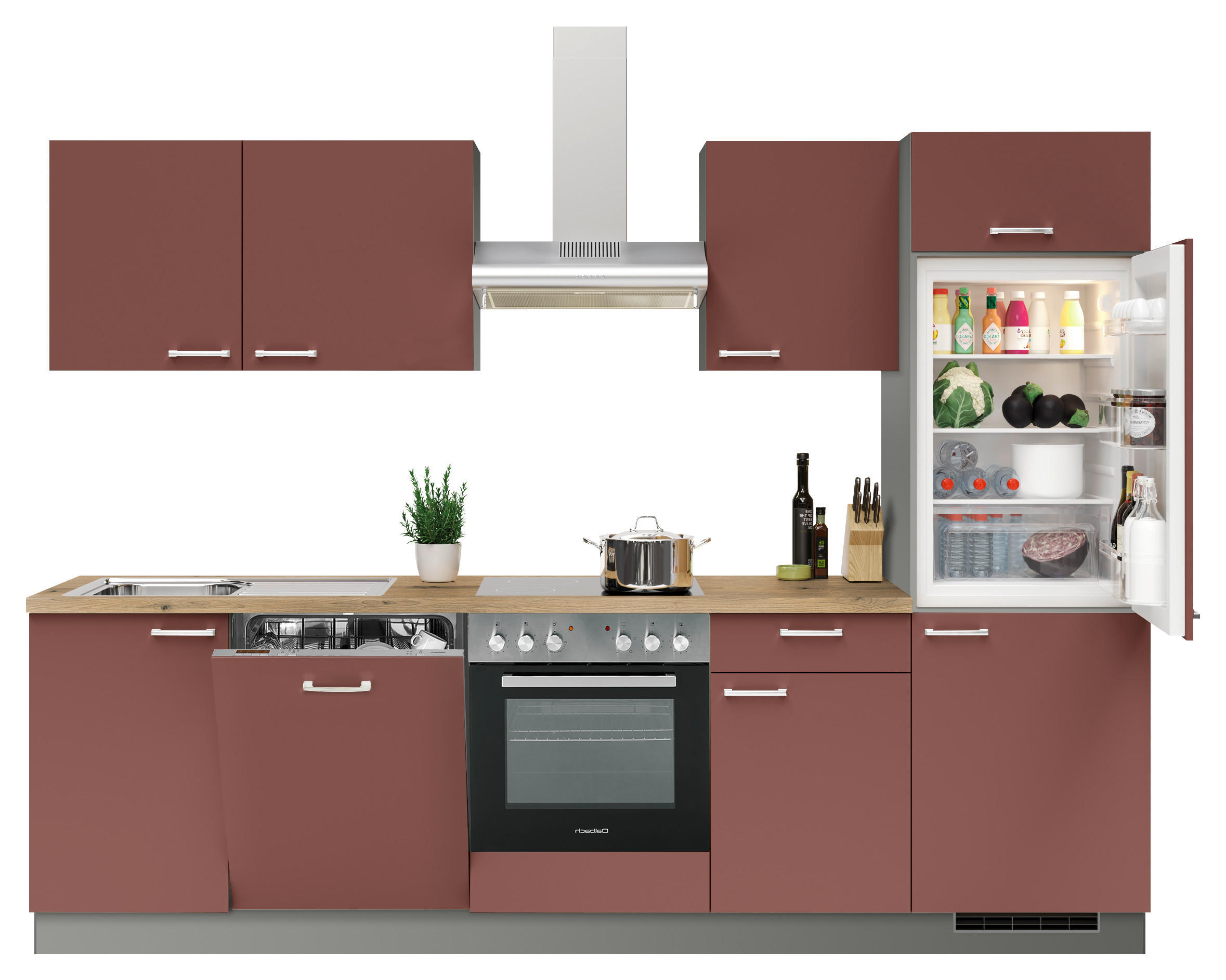 KÜCHENBLOCK 280 cm   in Anthrazit, Rot  - Edelstahlfarben/Eichefarben, KONVENTIONELL, Holzwerkstoff/Metall (280cm) - Welnova