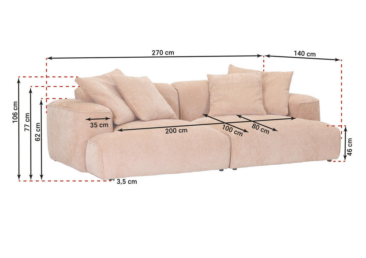 MEGASOFA Flachgewebe Salbeigrün  - Salbeigrün/Schwarz, MODERN, Kunststoff/Textil (270/77/140cm) - Lomoco