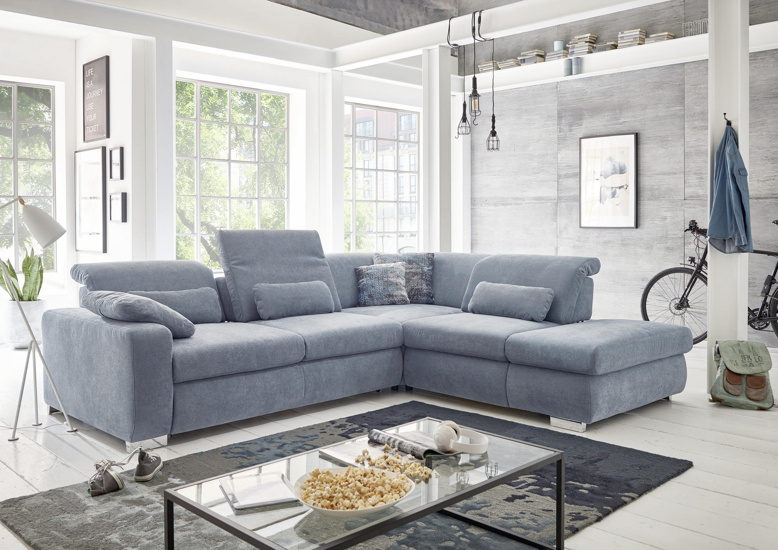 ECKSOFA Hellblau Flachgewebe  - Chromfarben/Hellblau, Design, Textil/Metall (301/260cm) - Beldomo Style