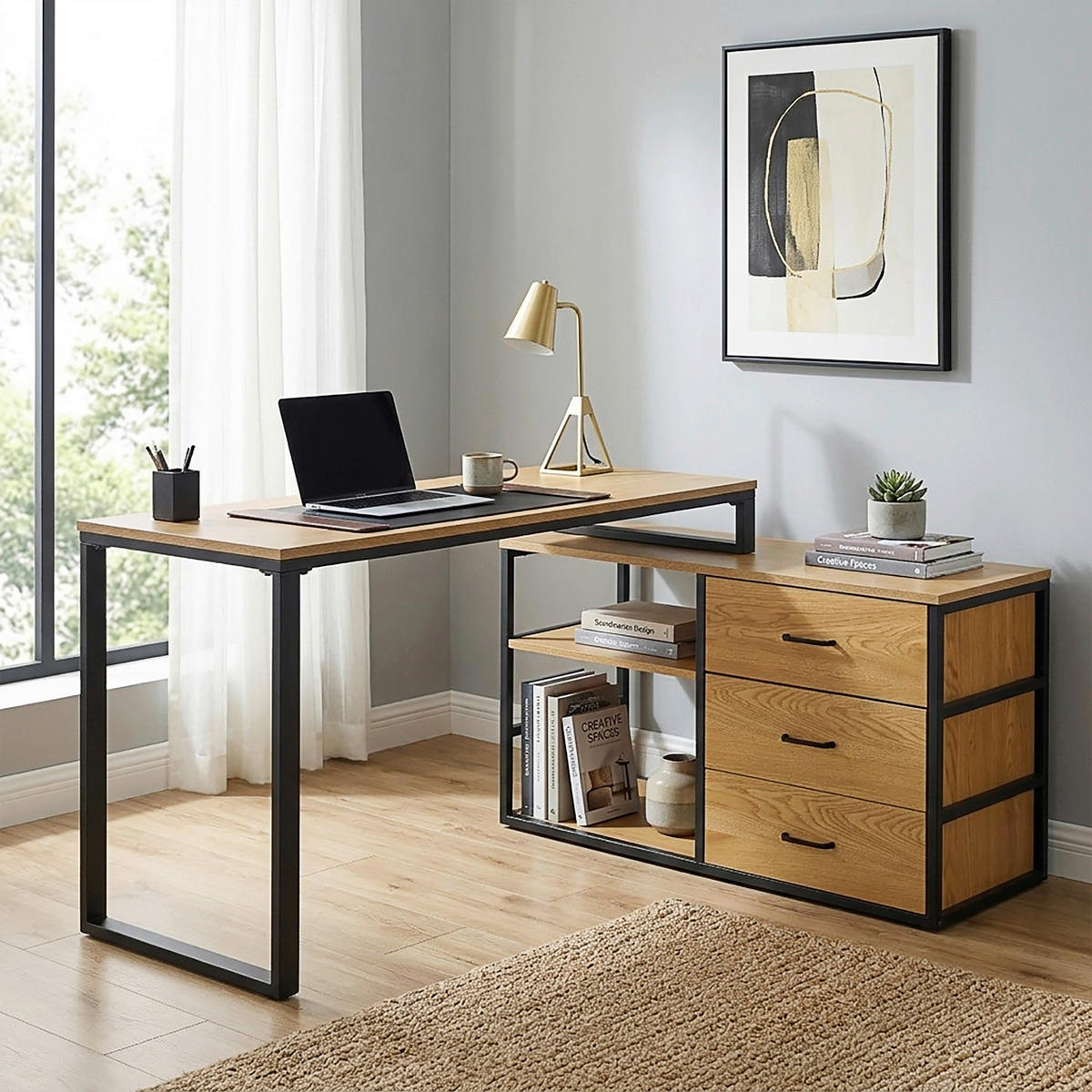 SAROKÍRÓASZTAL  - tölgyfa színű/fekete, Modern, faalapú anyag/fém (140/100/75cm) - Livetastic