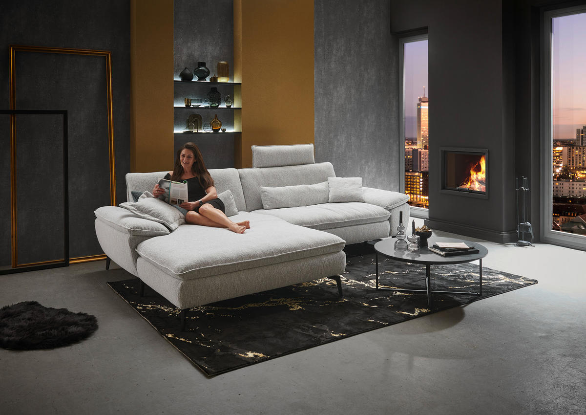 ECKSOFA Ecru Webstoff  - Ecru/Schwarz, Design, Textil/Metall (197/295cm) - Valdera