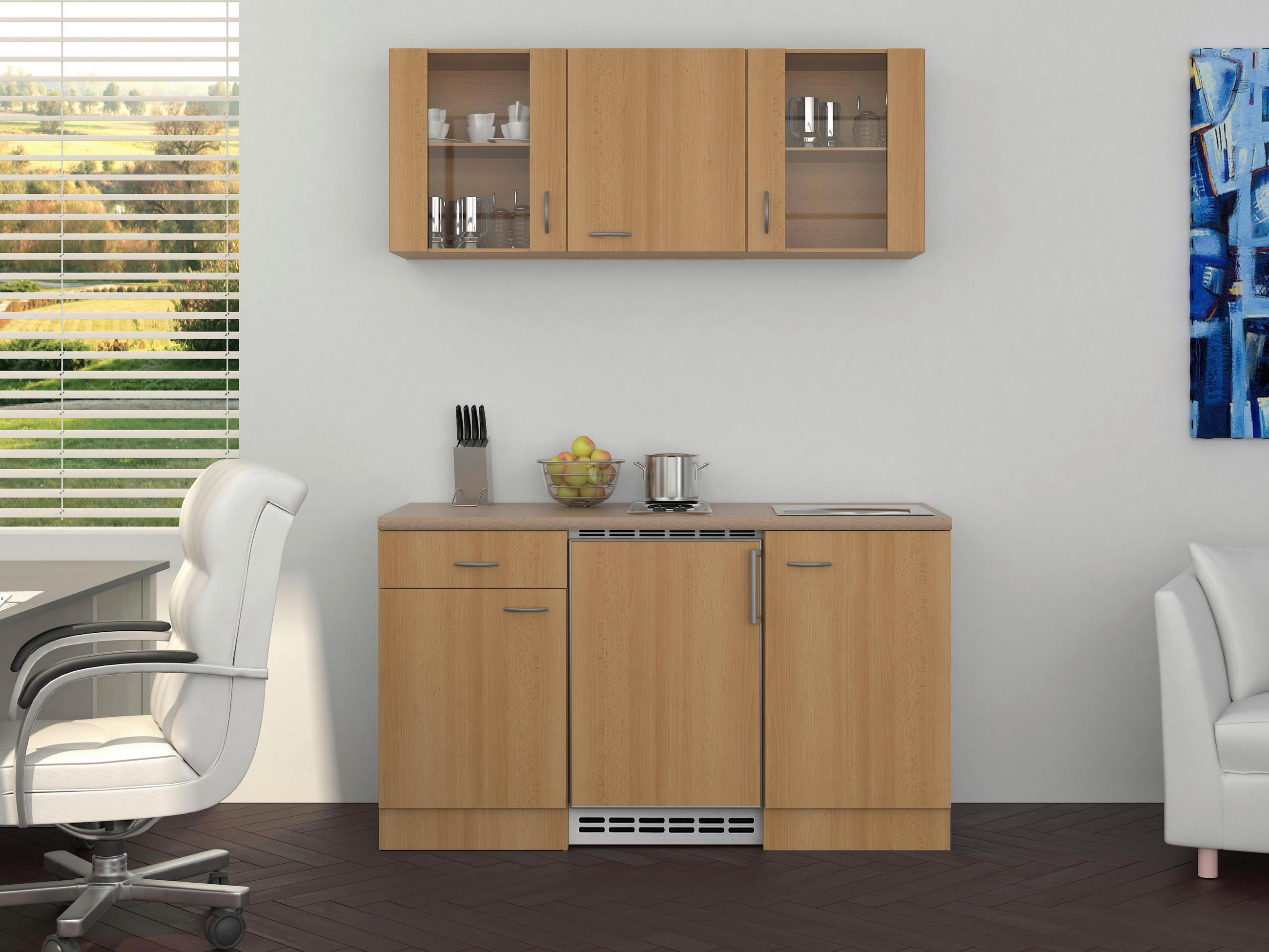 MINIKÜCHE 150 cm in Creme, Buchefarben - Edelstahlfarben/Buchefarben, MODERN, Glas (150cm) - MID.YOU