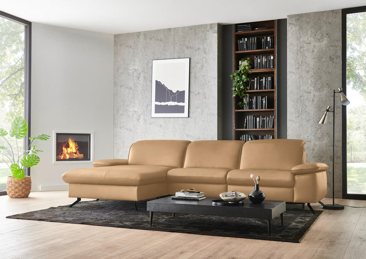 ECKSOFA  Echtleder Honig  - Schwarz/Honig, Design, Leder/Metall (169/307cm) - Beldomo Premium
