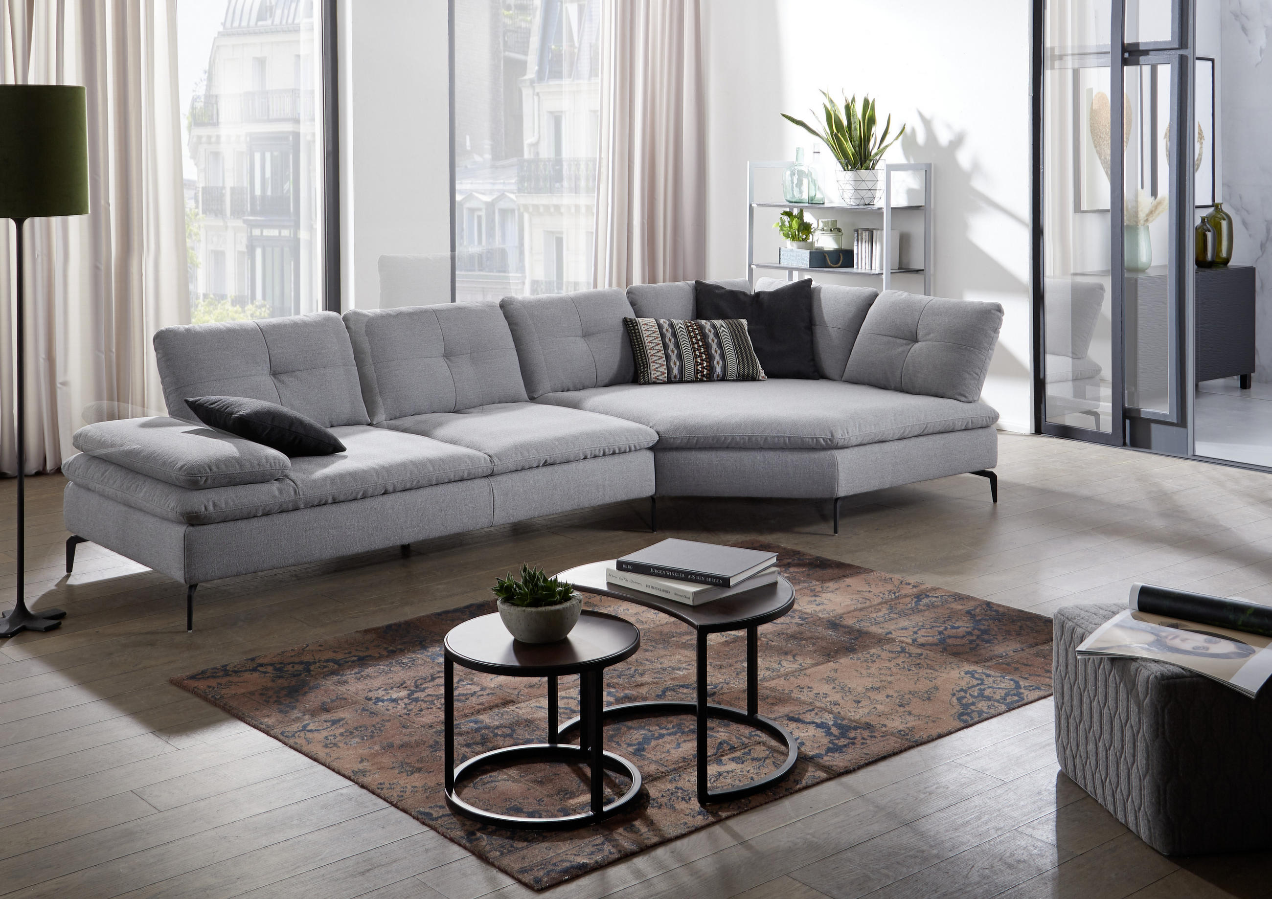 ECKSOFA in Flachgewebe Hellgrau  - Hellgrau/Schwarz, Design, Textil/Metall (159/344cm) - Chilliano