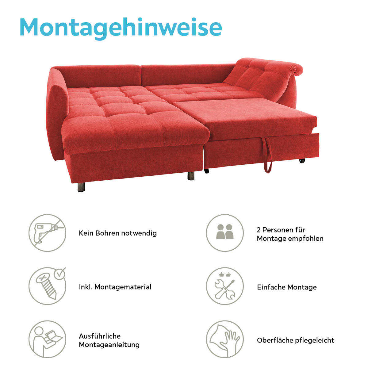 ECKSOFA Rot Mikrofaser  - Chromfarben/Rot, Design, Kunststoff/Textil (190/250cm) - Livetastic