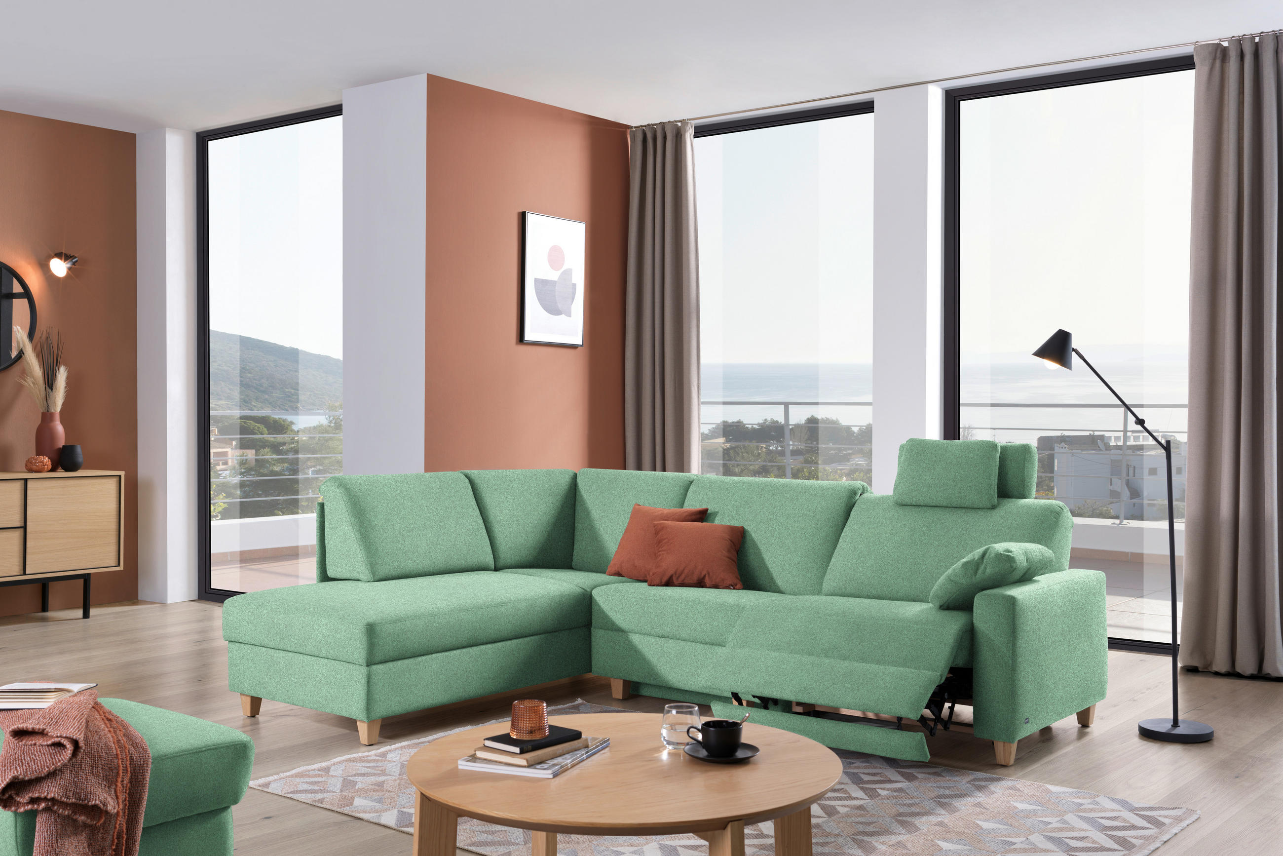 ECKSOFA in Flachgewebe Mintgrün  203/261 cm  - Eichefarben/Mintgrün, KONVENTIONELL, Holz/Textil (203/261cm) - Sedda