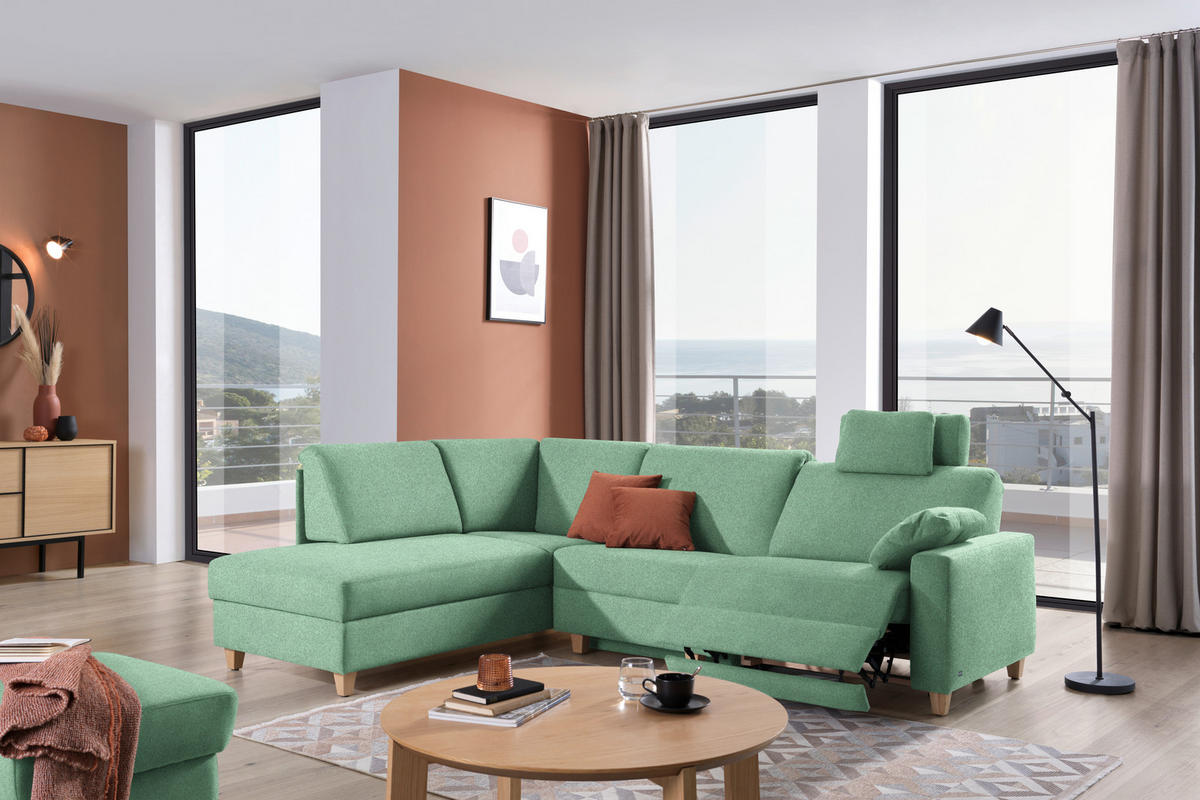 ECKSOFA in Flachgewebe Mintgrün  203/261 cm  - Eichefarben/Mintgrün, KONVENTIONELL, Holz/Textil (203/261cm) - Sedda