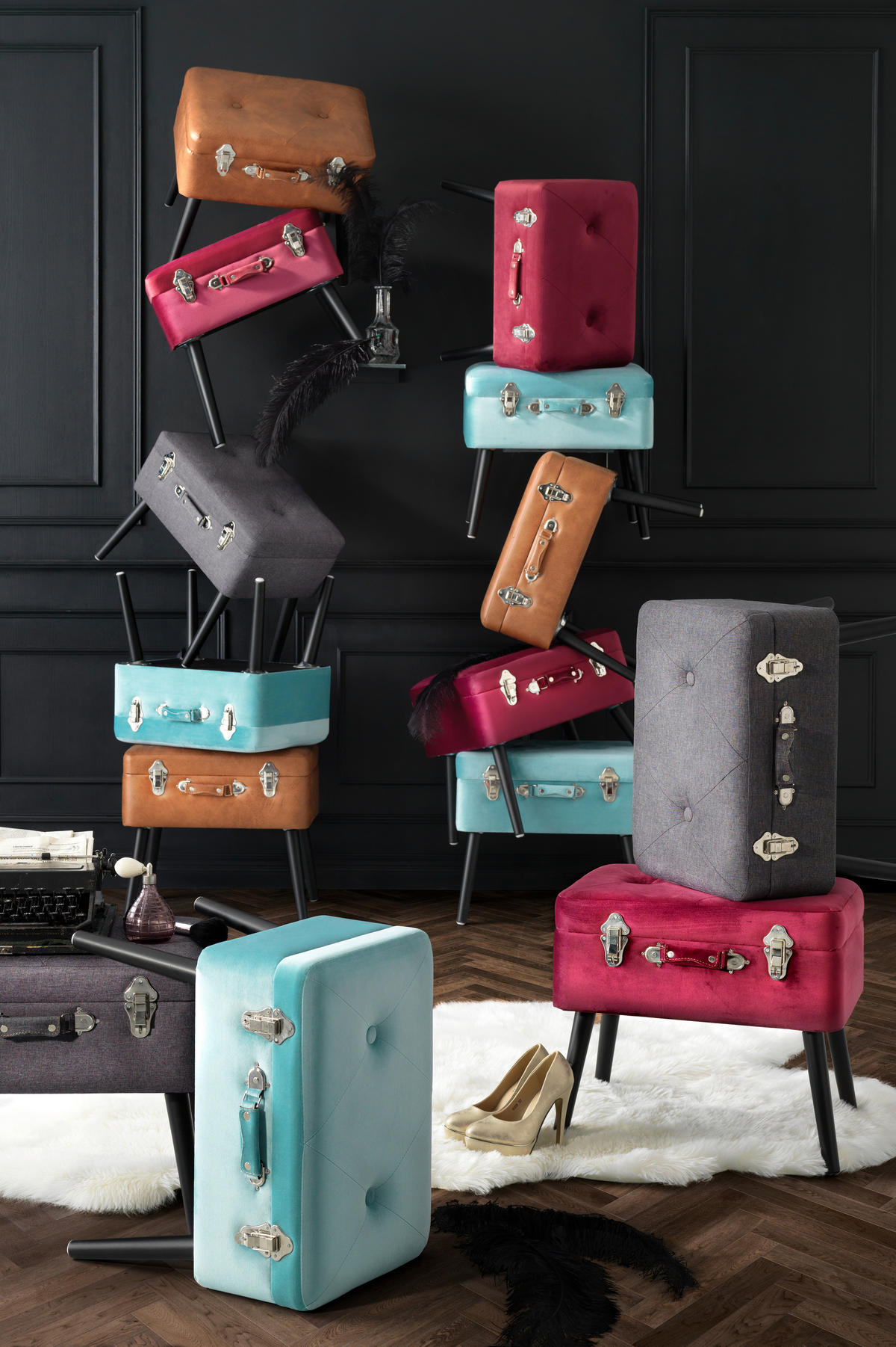 HOCKER Samt Kiefer Schwarz, Bordeaux  - Bordeaux/Schwarz, Trend, Holz/Textil (50/46/35cm) - Xora
