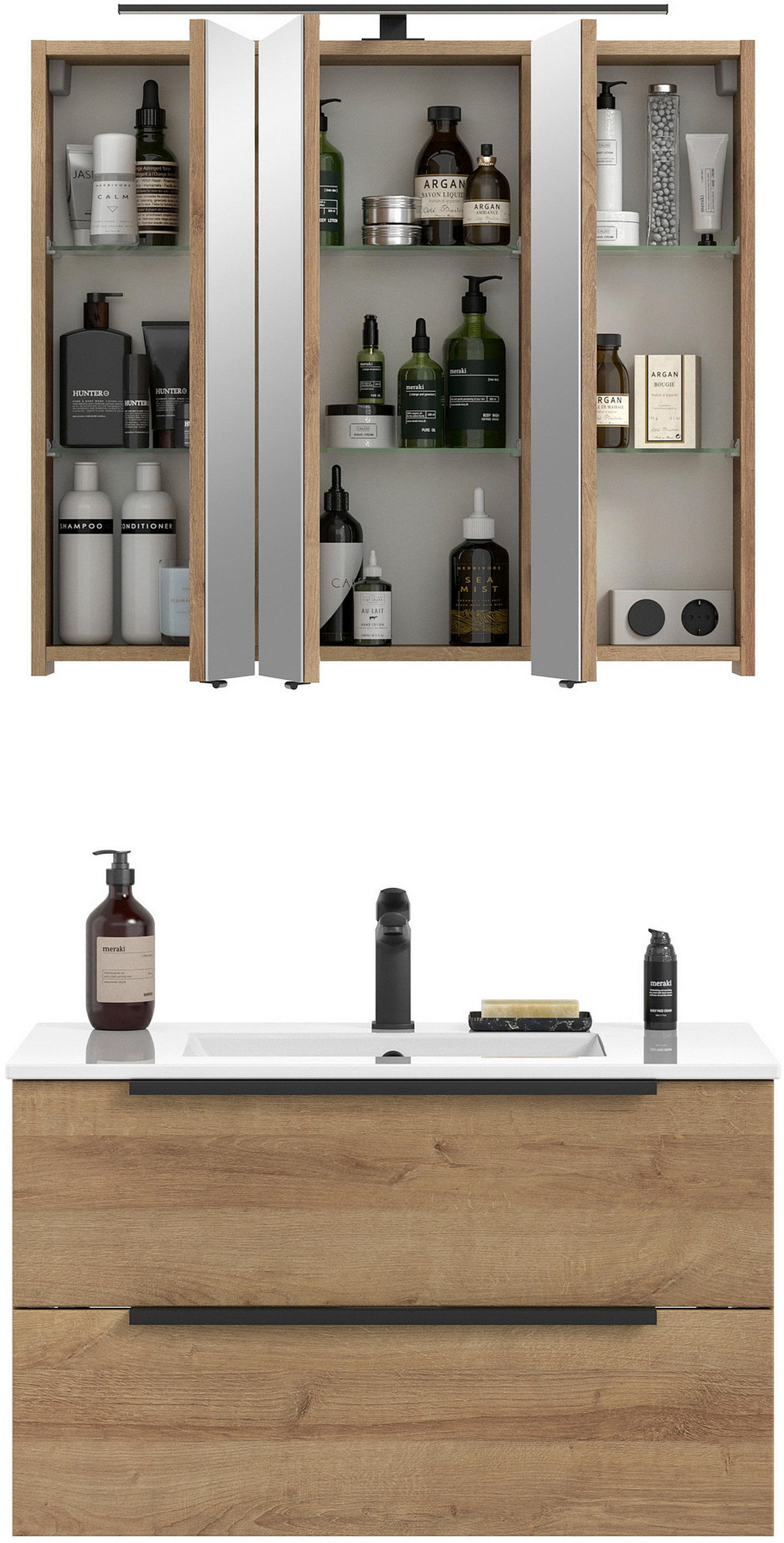 BADEZIMMER 2-teilig  in 81 cm  - Eichefarben/Schwarz, Natur, Glas/Keramik (81cm) - Sadena