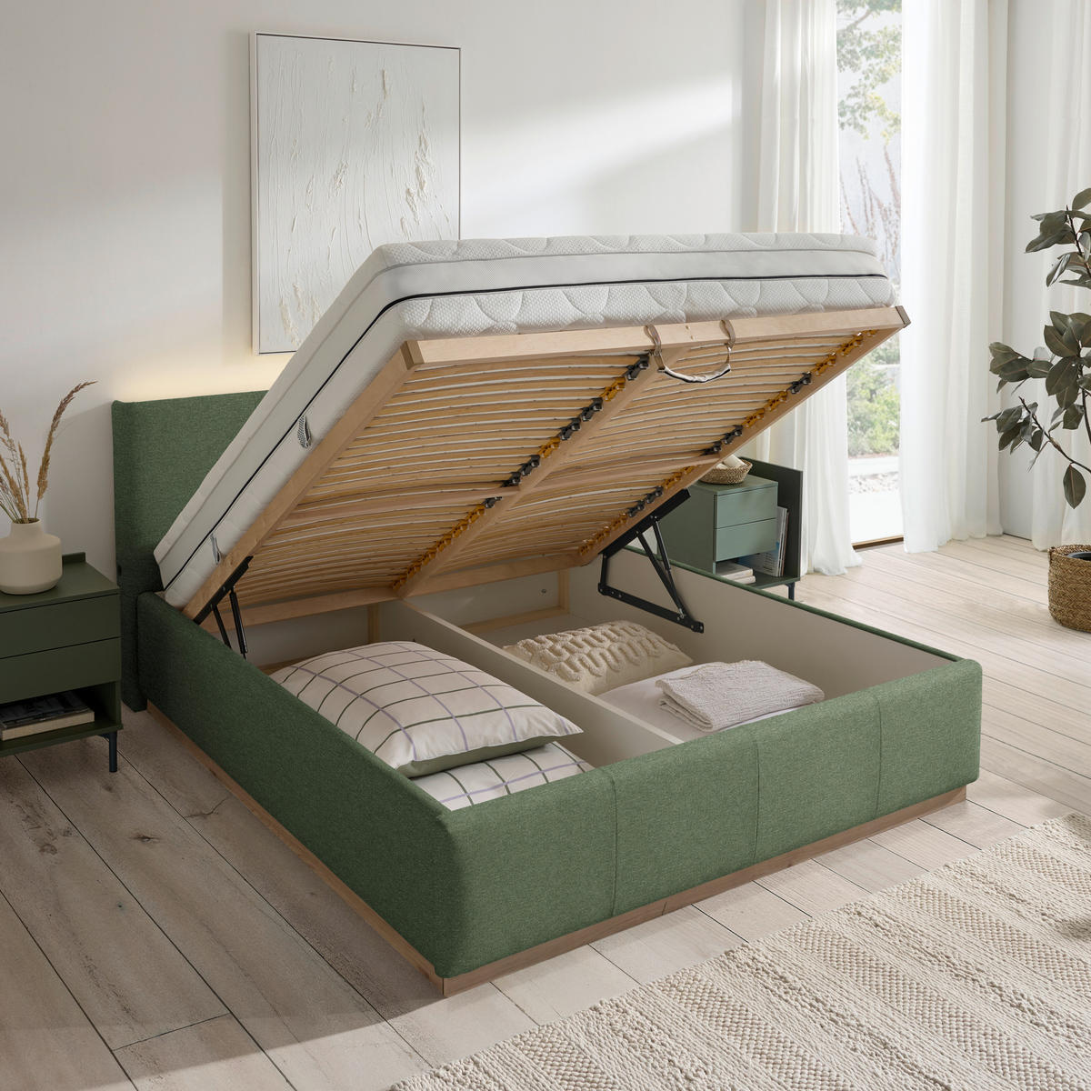 POLSTERBETT Beleuchtung, Lattenrost, Bettkasten Grün 160/200 cm  - Birkefarben/Hickory, Design, Holz/Holzwerkstoff (160/200cm) - Lomoco