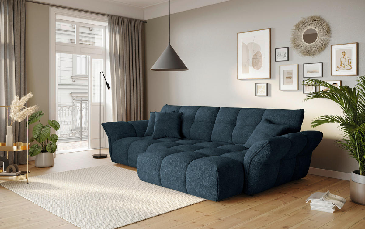 ECKSOFA Dunkelblau Chenille Rücken echt  - Schwarz/Dunkelblau, Design, Kunststoff/Textil (312/177cm) - Welnova