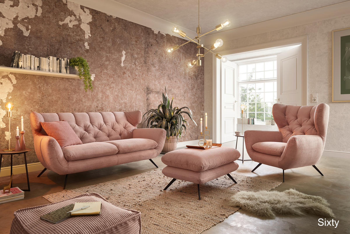 CHESTERFIELD-SOFA Cord Rosa  - Schwarz/Rosa, MODERN, Textil/Metall (160/94/95cm) - Pure Home Lifestyle