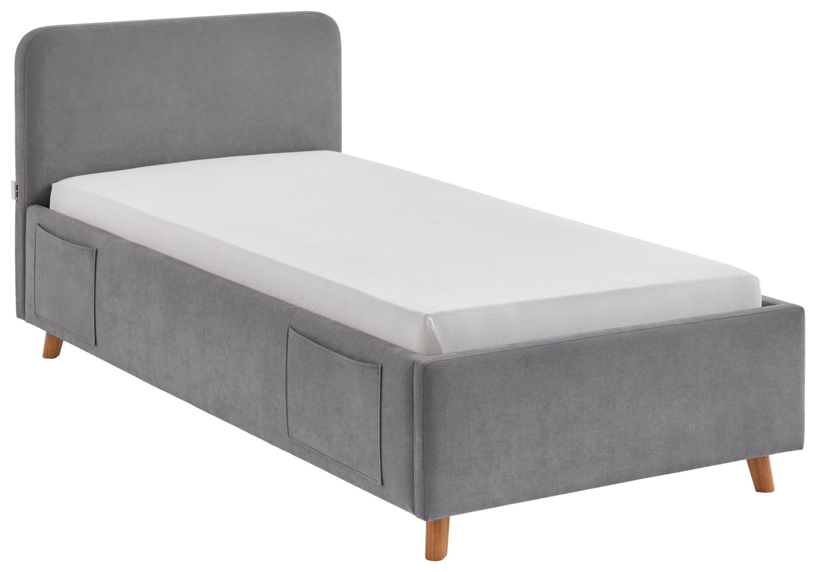 POLSTERBETT 90/200 cm,  in Grau, Eichefarben, Lattenrost, Bettkasten, Betttasche,  - Eichefarben/Birkefarben, KONVENTIONELL, Holz/Textil (90/200cm) - Boxxx