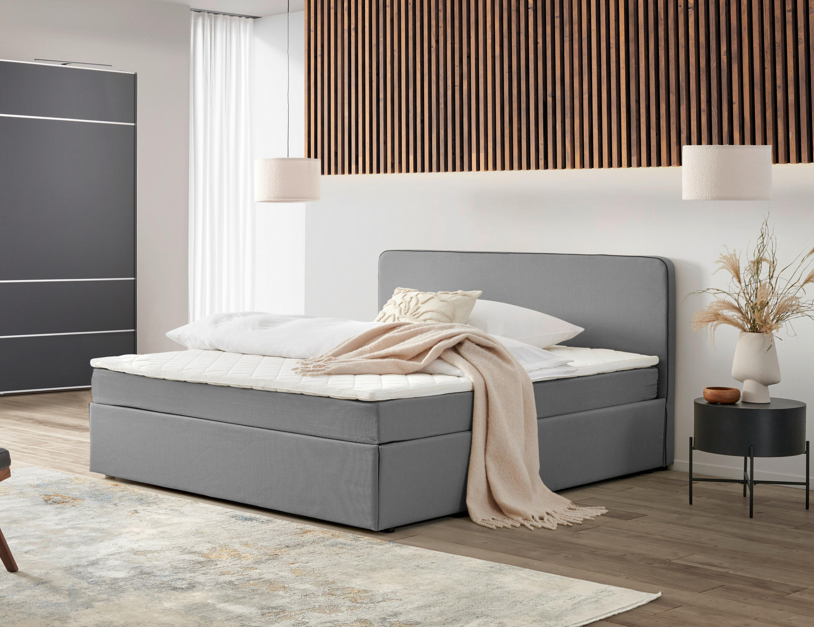 BOXBETT 180/200 cm,  in Grau, Matratze, Topper, H2 = mittel  - Grau, KONVENTIONELL, Holz (180/200cm) - P & B