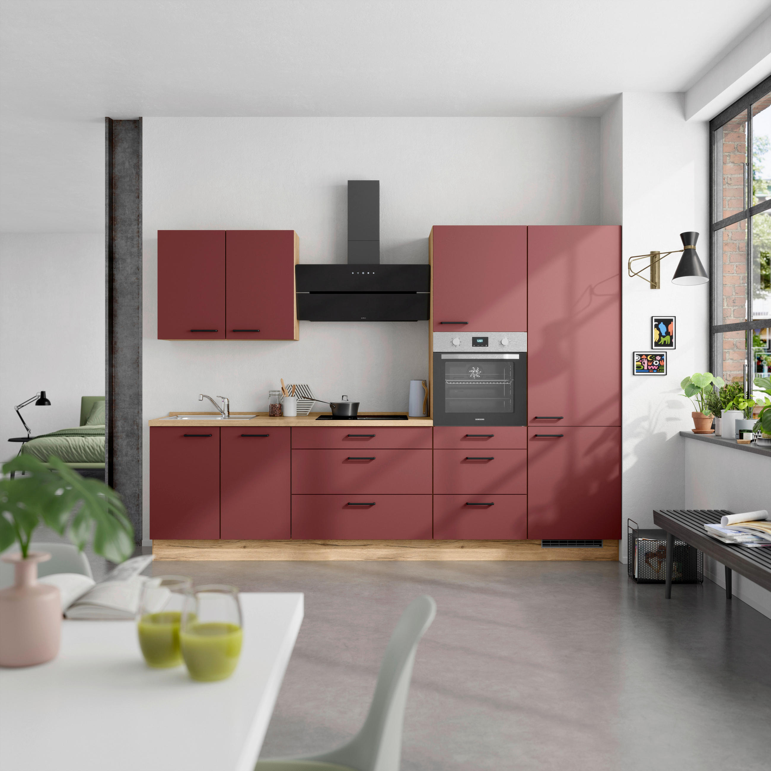 KÜCHENLEERBLOCK 300 cm   in Rot, Eichefarben  - Eichefarben/Rot, MODERN, Holzwerkstoff/Metall (300cm) - Nobilia