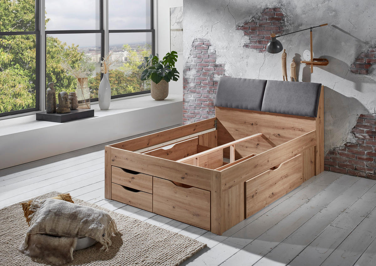 POSTELJA S PREDALOM 140 cm   x 200 cm  , hrast artisan  - siva/hrast artisan, Konvencionalno, leseni material/tekstil (237,5/145,6/103,8cm) - Carryhome