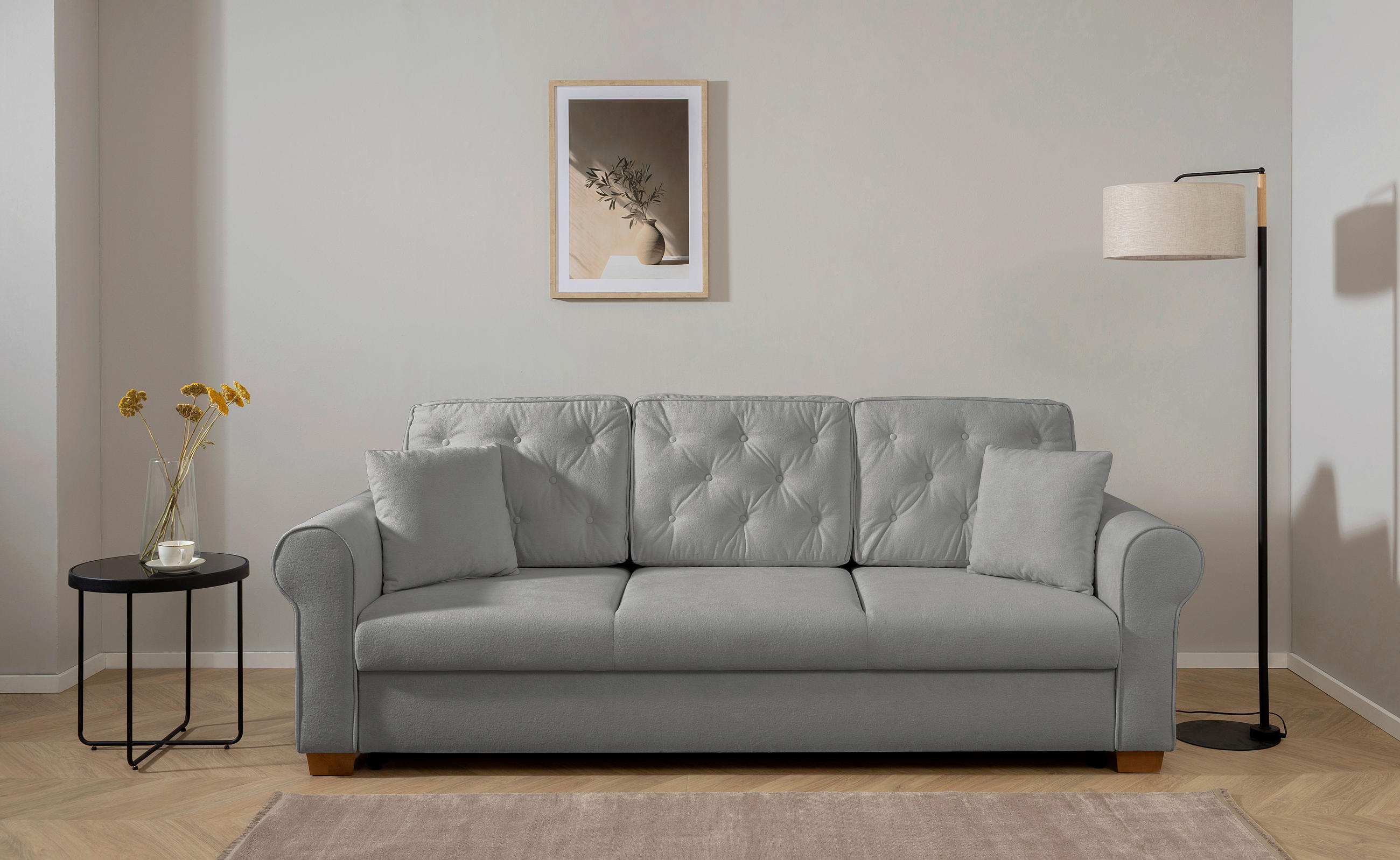 SCHLAFSOFA  mit Bettkasten erhältlich, Liegefunktion, Rücken echt, Armteil links, Armteil rechts Bouclé Grau  - Buchefarben/Grau, Design, Holz/Textil (240/94/98cm) - MID.YOU