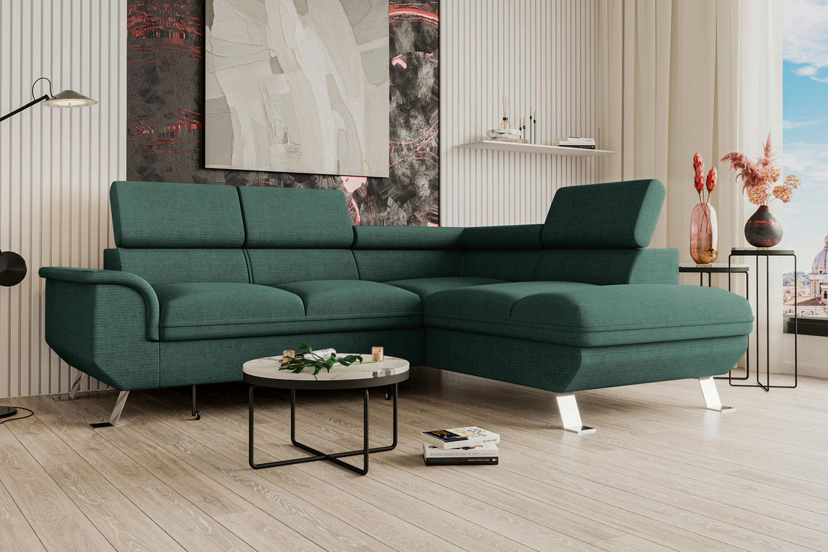 ECKSOFA in Struktur Dunkelgrün  - Dunkelgrün/Silberfarben, Konventionell, Textil/Metall (268/207cm) - MID.YOU