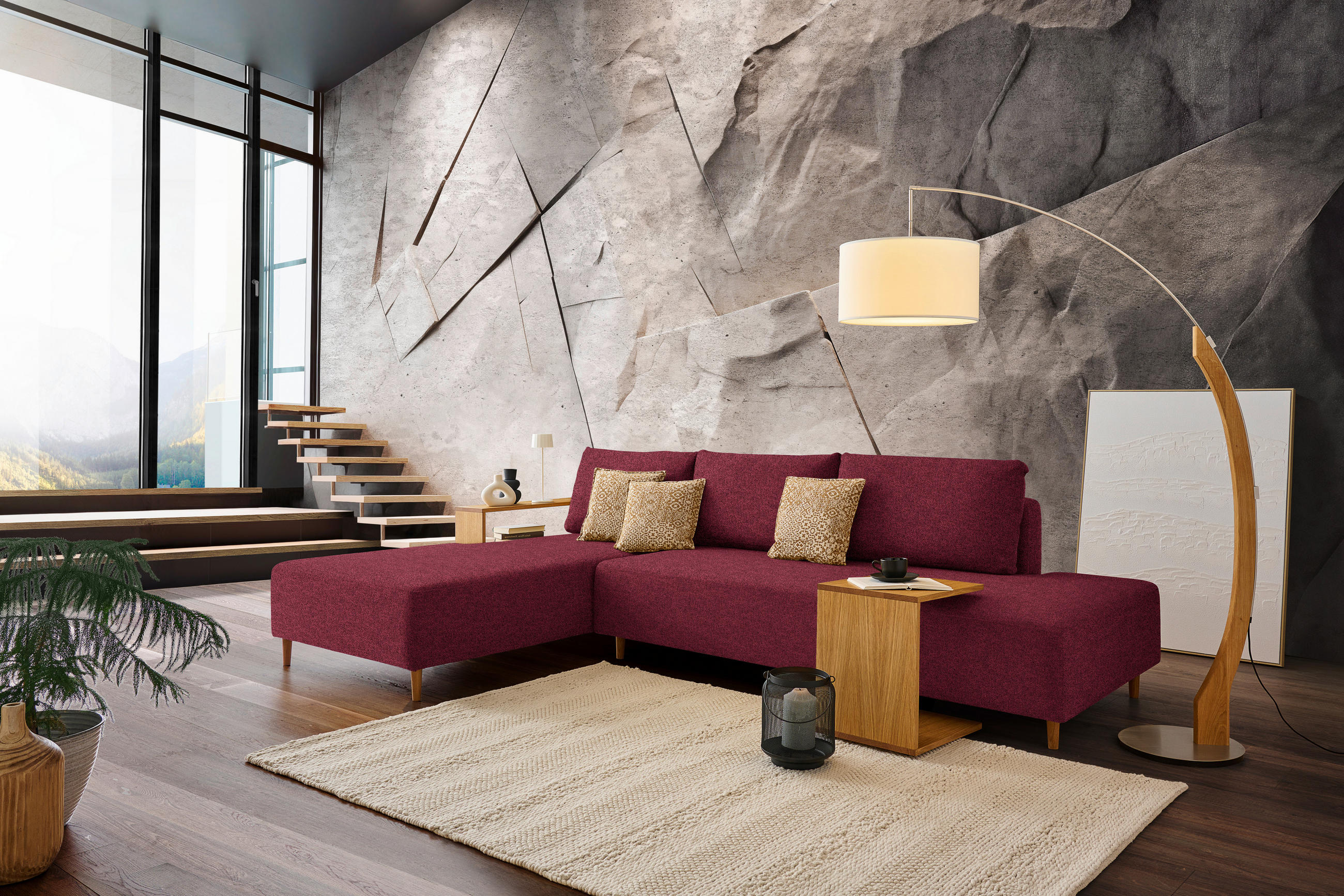 ECKSOFA in Flachgewebe Rot  - Eichefarben/Rot, Design, Holz/Textil (190/307cm) - Joka