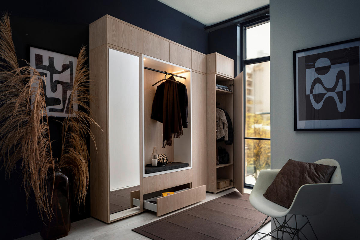 GARDEROBE 10-teilig  in 250/233/59 cm  - Weiss/Eichefarben, Design, Holzwerkstoff/Textil (250/233/59cm) - Moderano