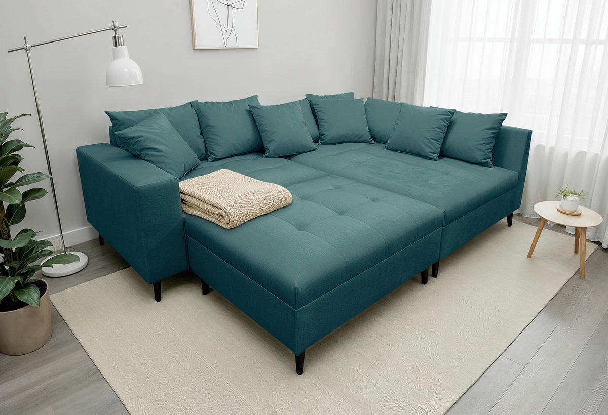 Ecksofa inkl. Hocker  in Mikrofaser Petrol  247/174 cm  - Petrol/Schwarz, Design, Holz/Textil (247/174cm) - MID.YOU