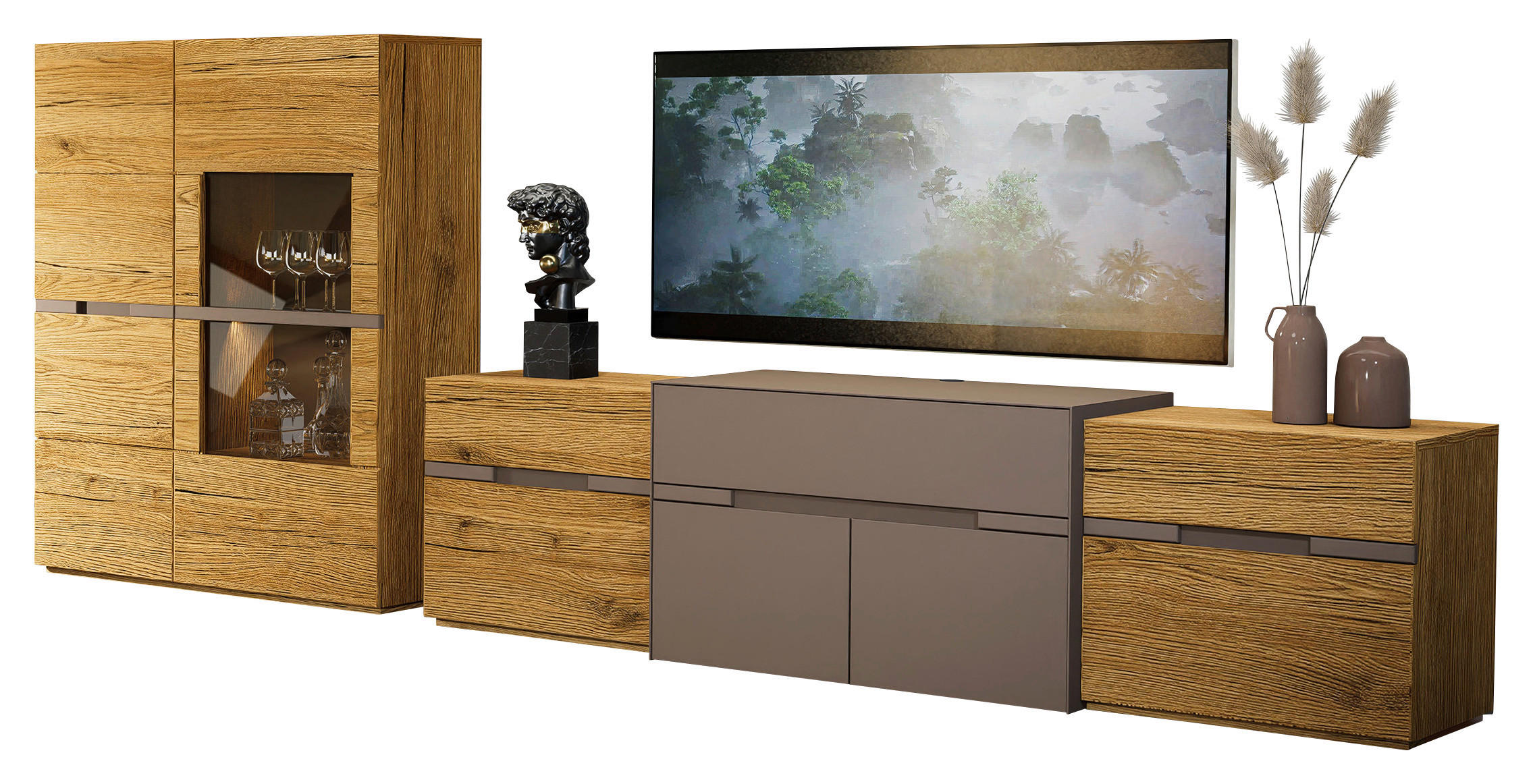 WOHNWAND  Taupe, Wildeiche 330/132/47 cm    - Taupe/Wildeiche, Design, Glas/Holz (330/132/47cm) - Novel