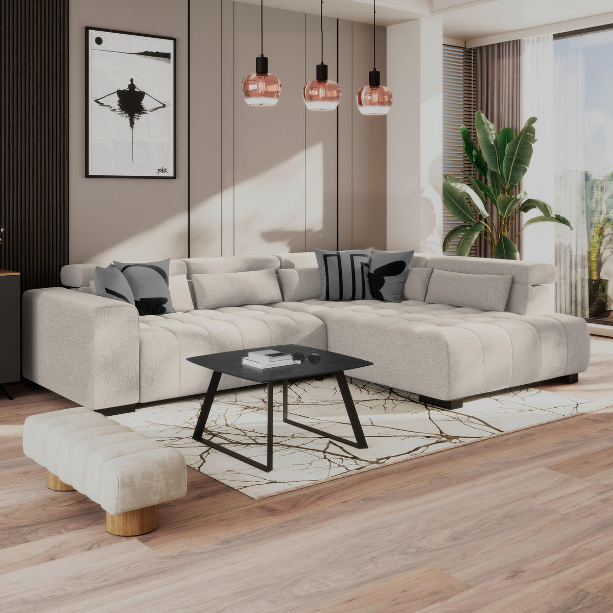 ECKSOFA MATERA Beige Chenille, Struktur Nierenkissen, Kopfteilverstellung, Sitzvorzug  - Beige/Schwarz, Trend, Holz/Textil (311/226cm) - MID.YOU