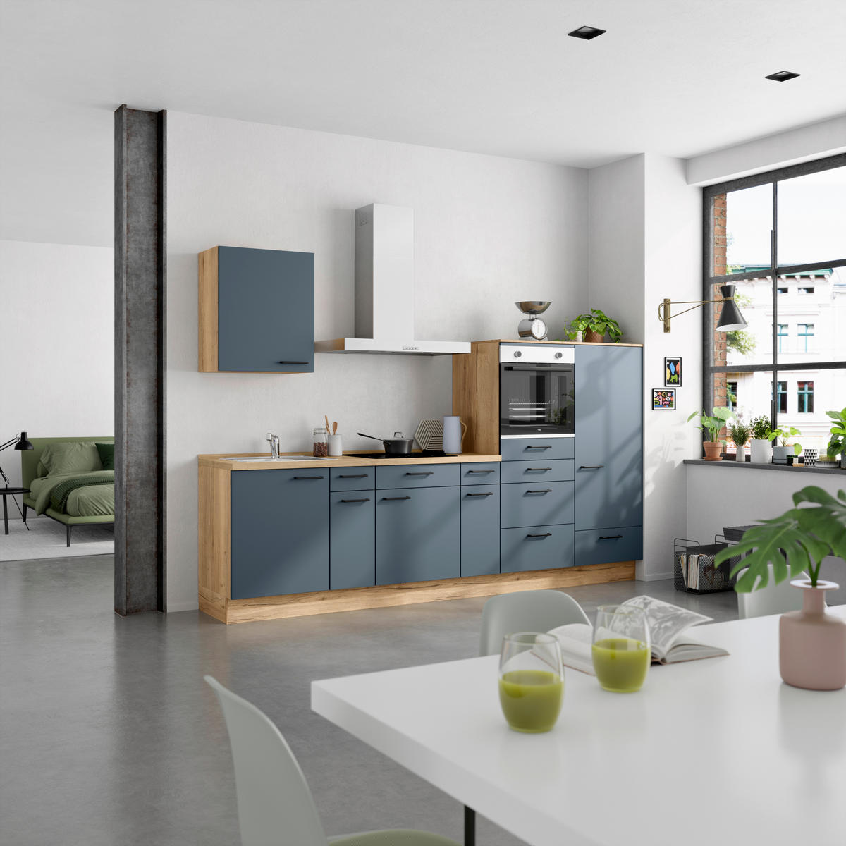 KÜCHENBLOCK Easytouch 300 cm  in Blau, Eichefarben  - Blau/Eichefarben, MODERN, Holzwerkstoff/Metall (300cm) - Nobilia