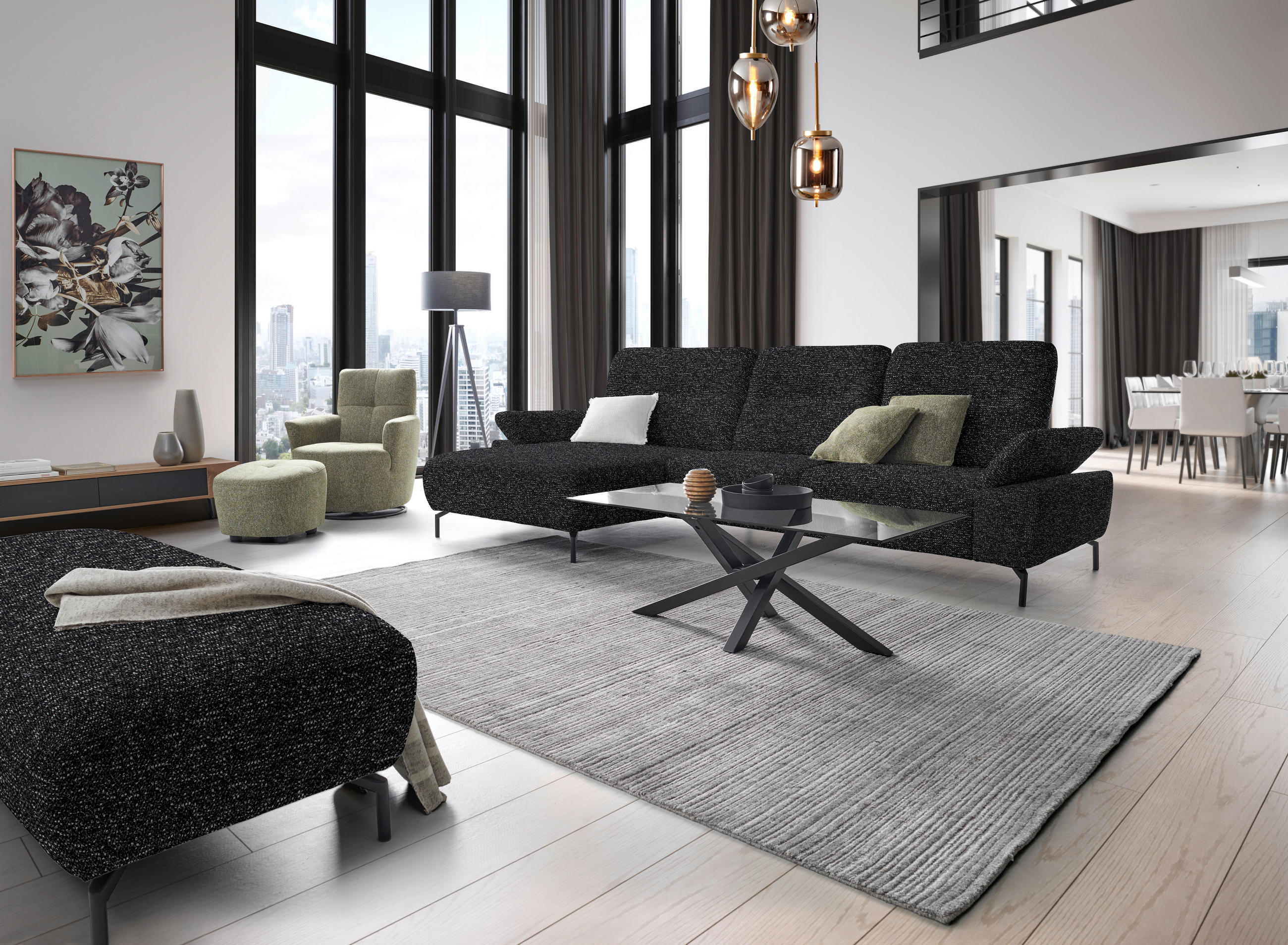 ECKSOFA in Chenille, Flachgewebe Schwarz  - Schwarz, Design, Textil/Metall (165/318cm) - Xora