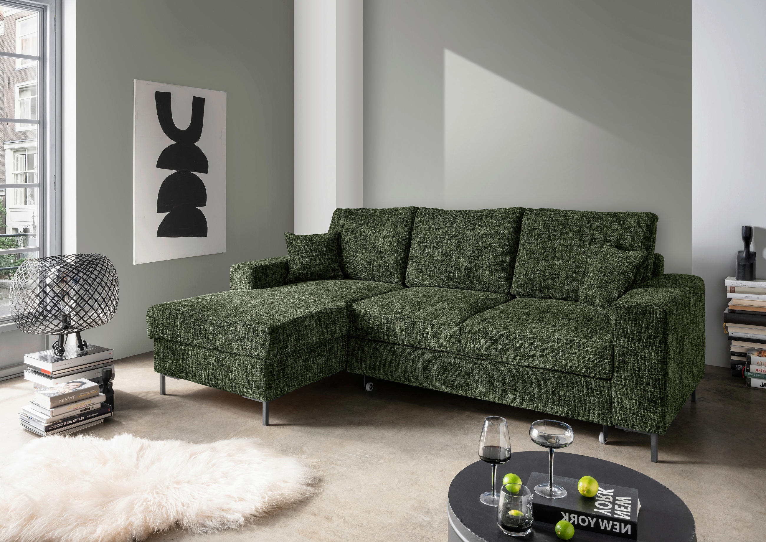 ECKSCHLAFSOFA in Struktur Dunkelgrün  - Dunkelgrün/Schwarz, KONVENTIONELL, Textil/Metall (143/237cm) - Livetastic
