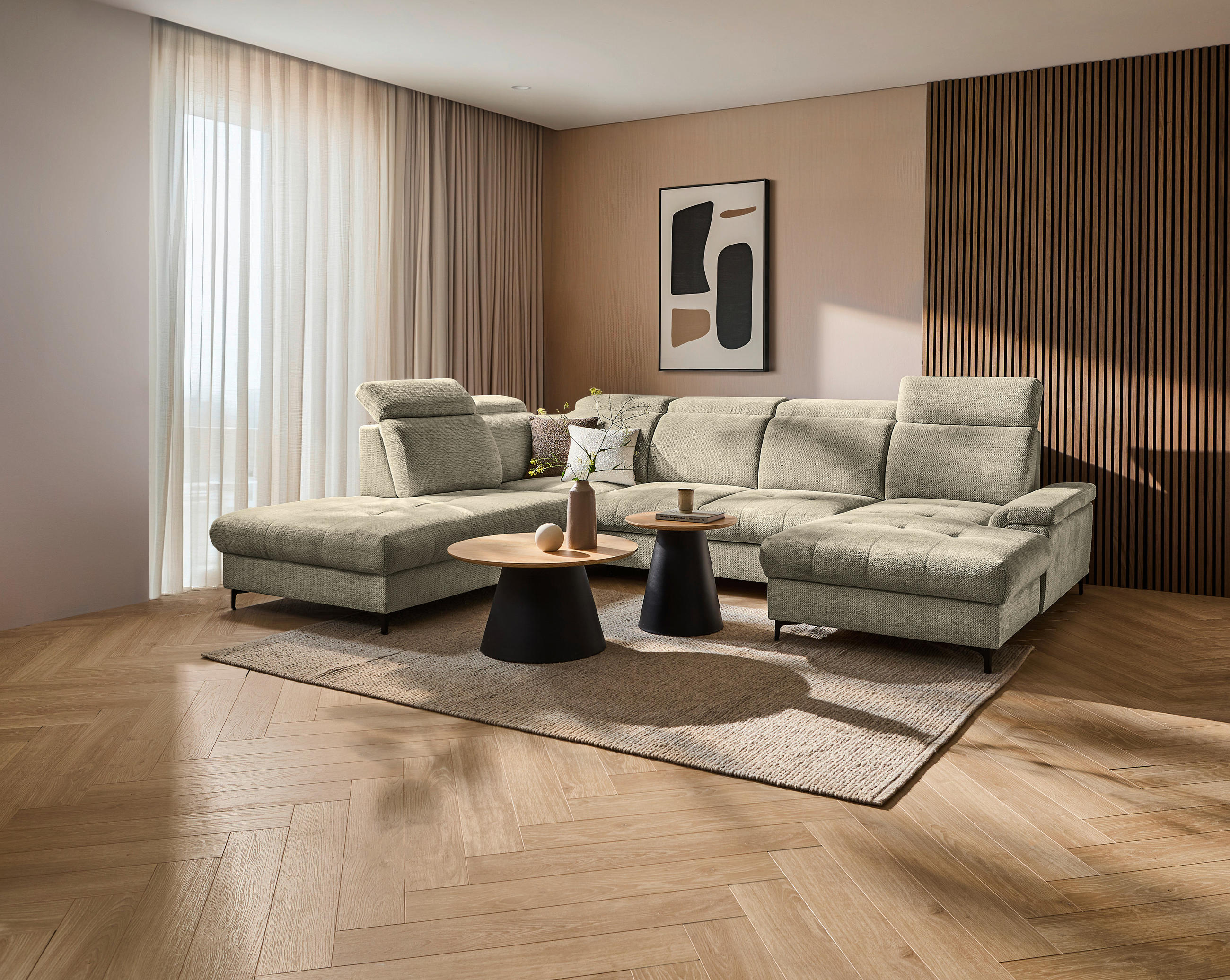 WOHNLANDSCHAFT - Beigebraun/Schwarz, Design, Textil/Metall (270/364/190cm) - Stylife