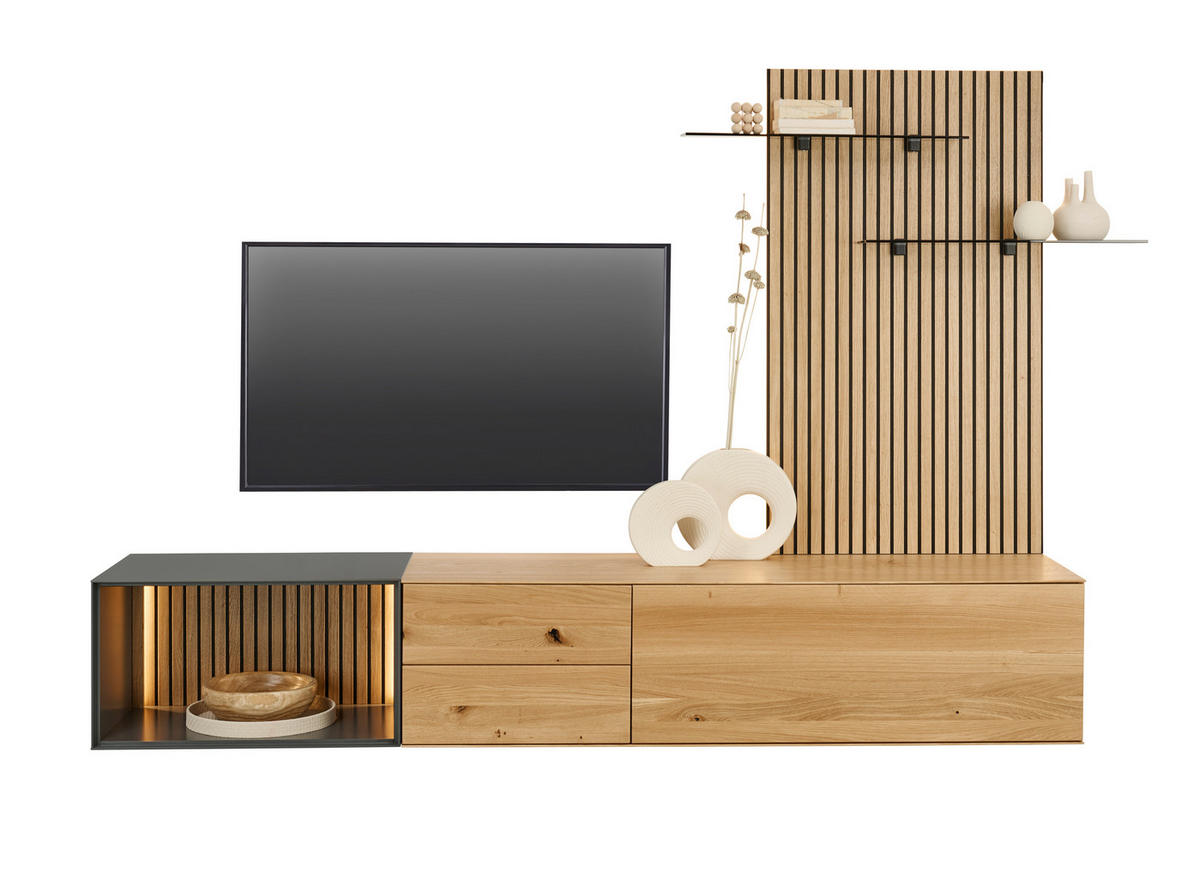 WOHNWAND 3-teilig  in Anthrazit, Eichefarben  261/160/50 cm  - Eichefarben/Anthrazit, Design, Glas/Holz (261/160/50cm) - Dieter Knoll