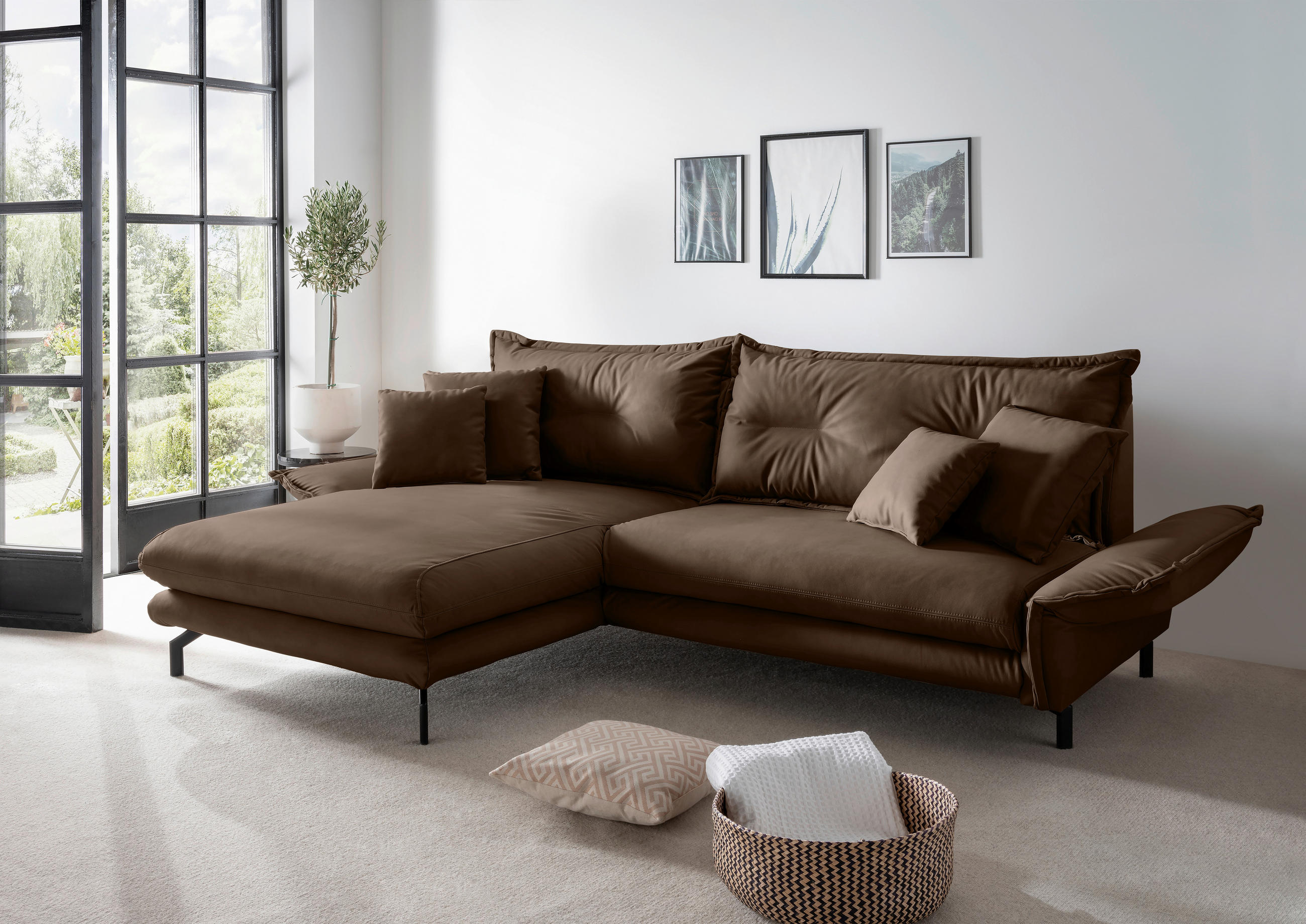 ECKSOFA Braun Lederlook  - Schwarz/Braun, MODERN, Textil/Metall (180/255cm) - Livetastic