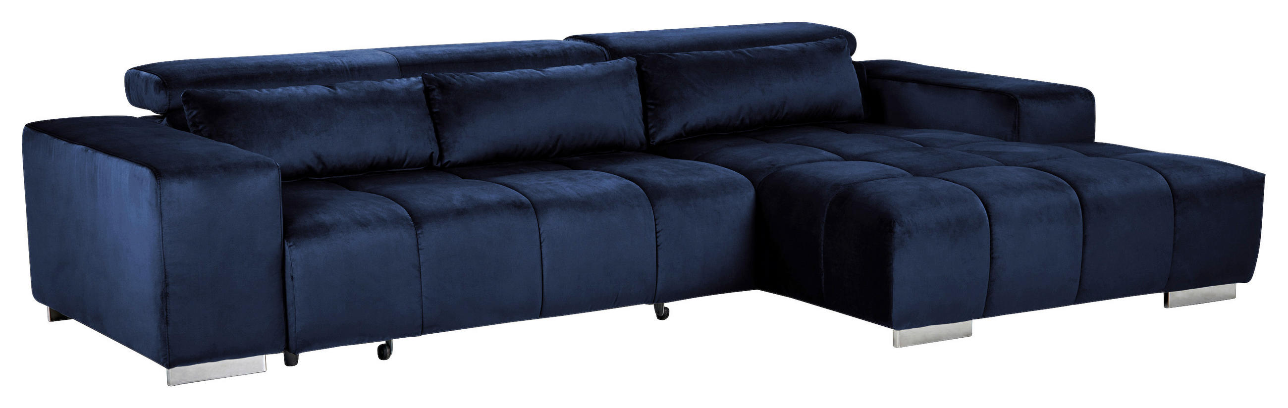 ECKSOFA Dunkelblau Velours Kopfteilverstellung  - Silberfarben/Dunkelblau, KONVENTIONELL, Textil/Metall (307/186cm) - Livetastic