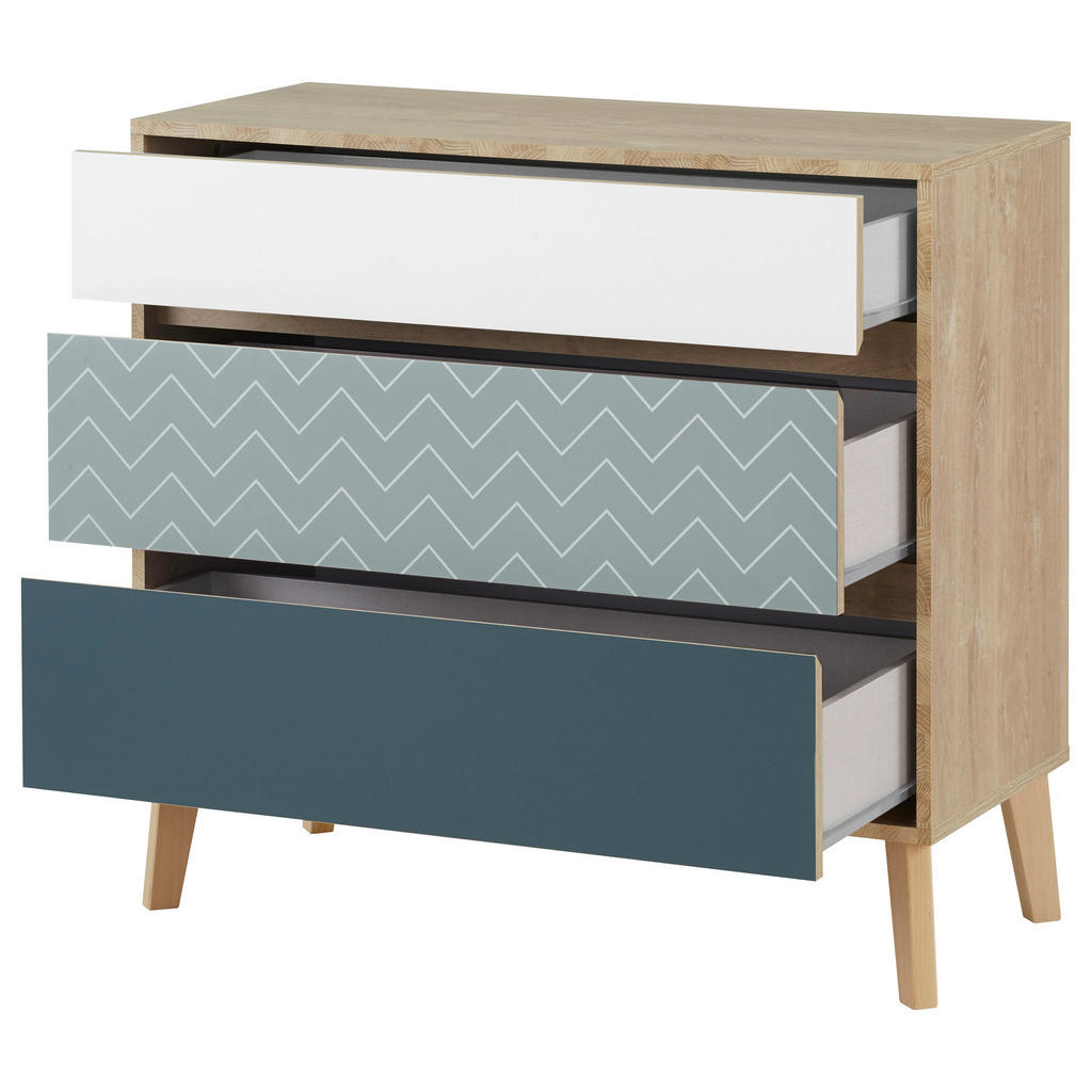 Thumbnail - Mid.you Kommode, Blau, Weiß, Eiche, Holzwerkstoff, Buche, massiv, 3 Schublade(n) Schubladen, 94x86x40 cm, ISO 9001, Pefc...