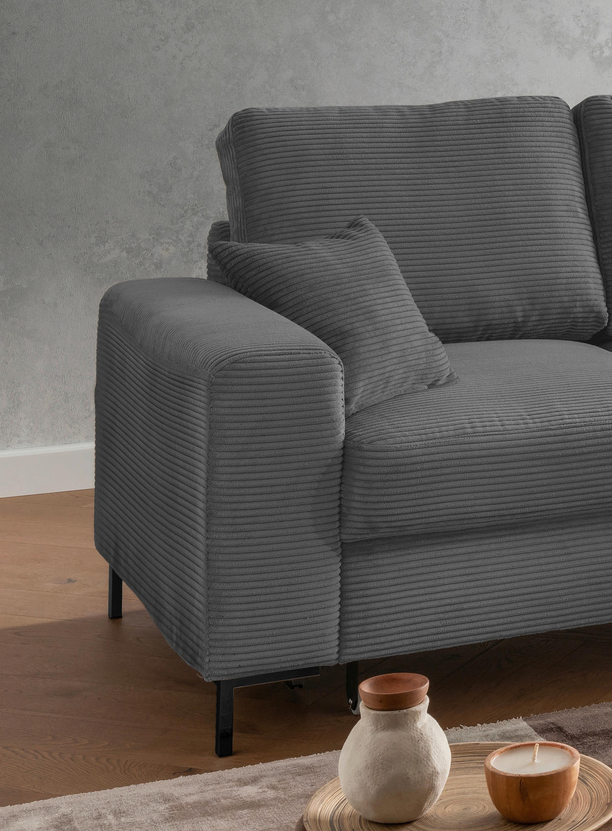 ECKSCHLAFSOFA  mit Liegefunktion, Rücken echt Cord Grau  - Schwarz/Grau, KONVENTIONELL, Textil/Metall (237/143cm) - Livetastic