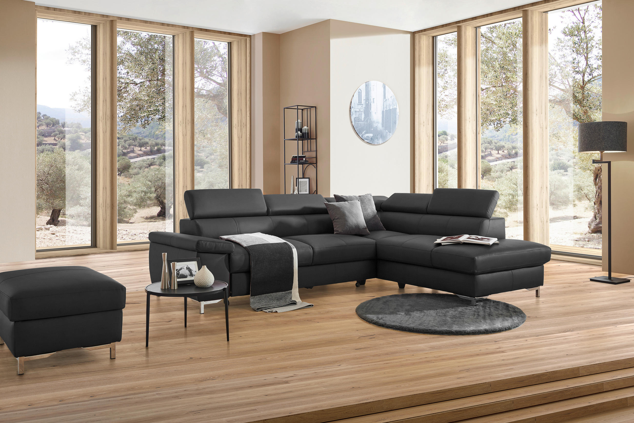 ECKSOFA in Echtleder Schwarz  268/213 cm  - Chromfarben/Schwarz, Design, Leder/Metall (268/213cm) - Stylife