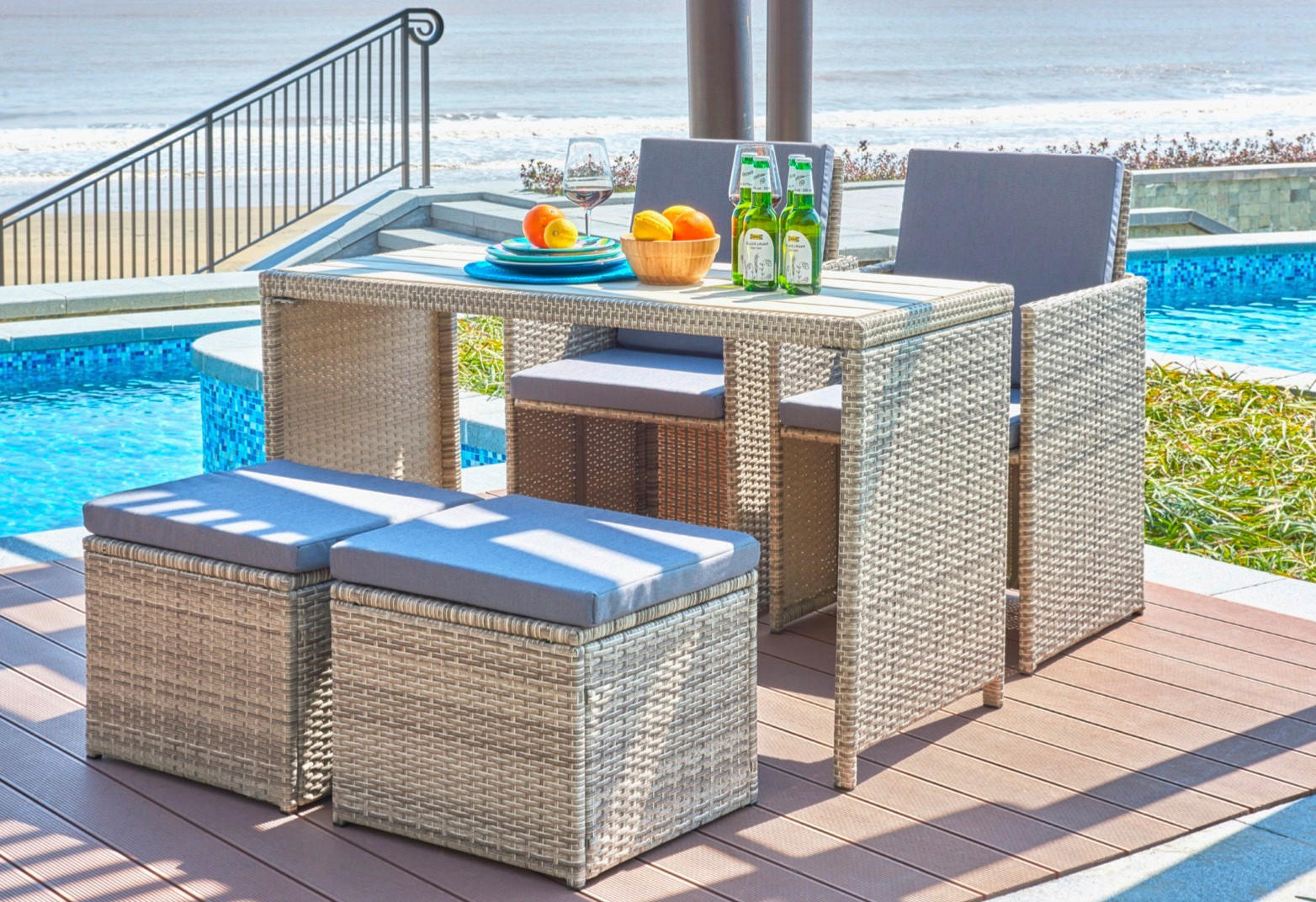 GARTENSET 5-teilig  - Naturfarben/Grau, Design, Kunststoff/Textil - Livetastic