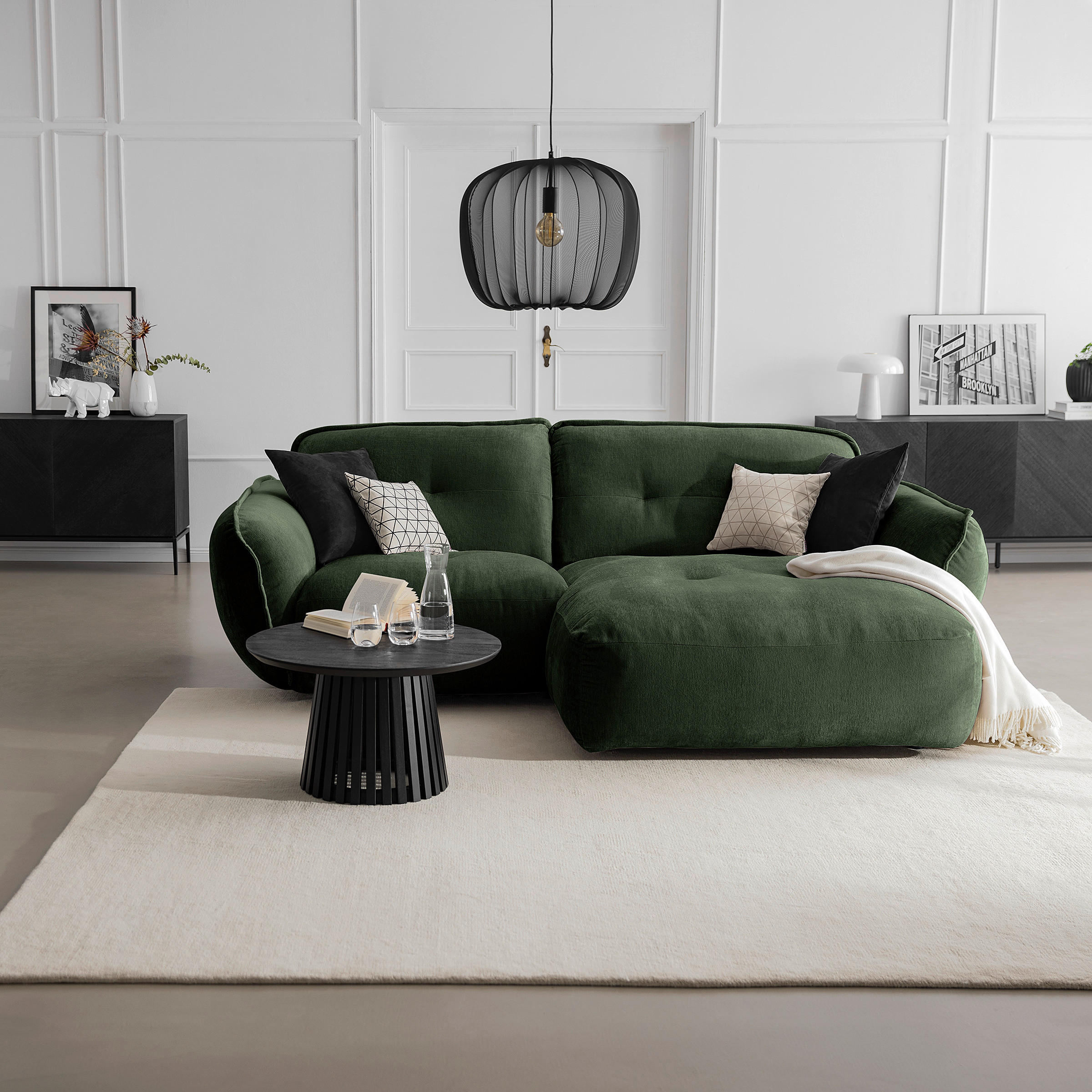 ECKSOFA in Chenille Dunkelgrün  - Dunkelgrün/Schwarz, Modern, Kunststoff/Textil (269/184cm) - Trendmanufaktur