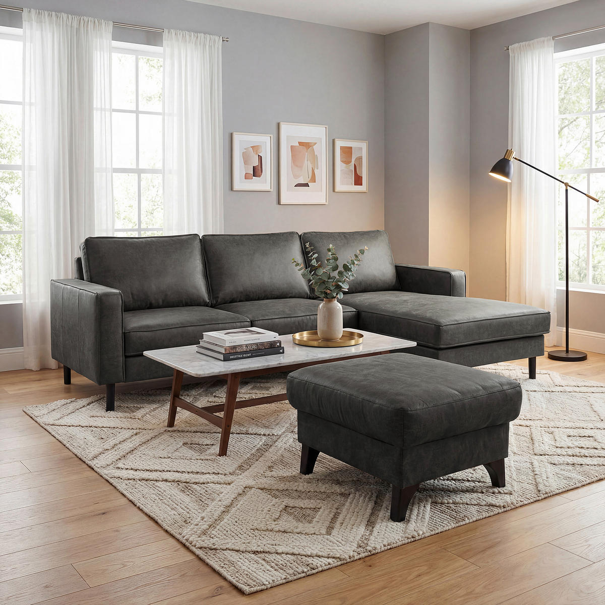 ECKSOFA Dunkelgrau Echtleder Lederlook Rücken echt  - Dunkelgrau, Design, Leder/Textil (166/238cm) - Livetastic