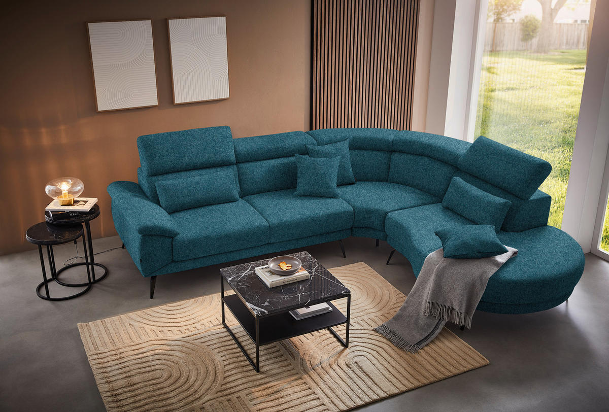 ECKSOFA Petrol Velours  - Petrol/Schwarz, Design, Textil/Metall (299/264cm) - Novel