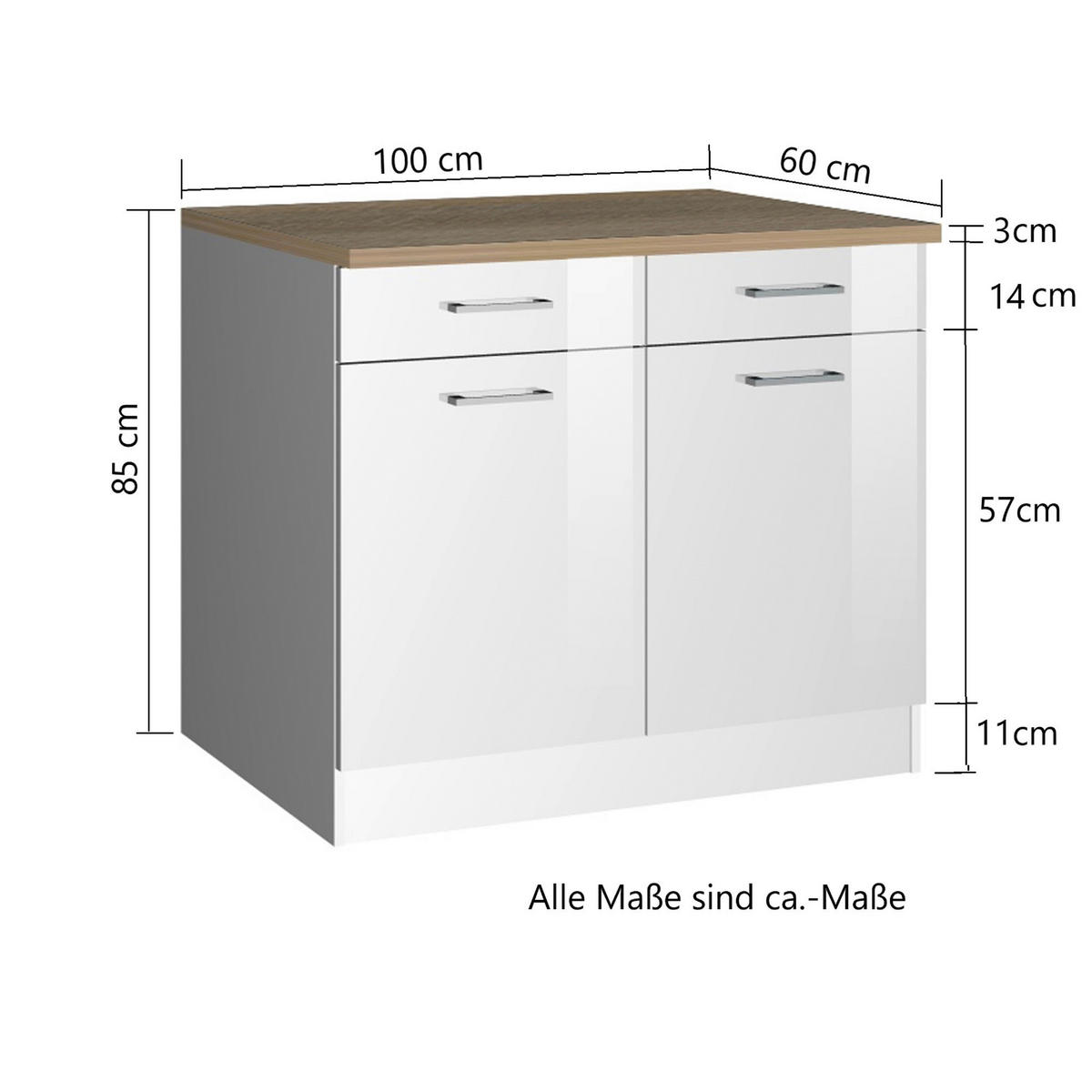 KÜCHENUNTERSCHRANK 100/85/60 cm  in Weiß Hochglanz  - Weiß Hochglanz/Silberfarben, MODERN, Holzwerkstoff/Metall (100/85/60cm) - Held