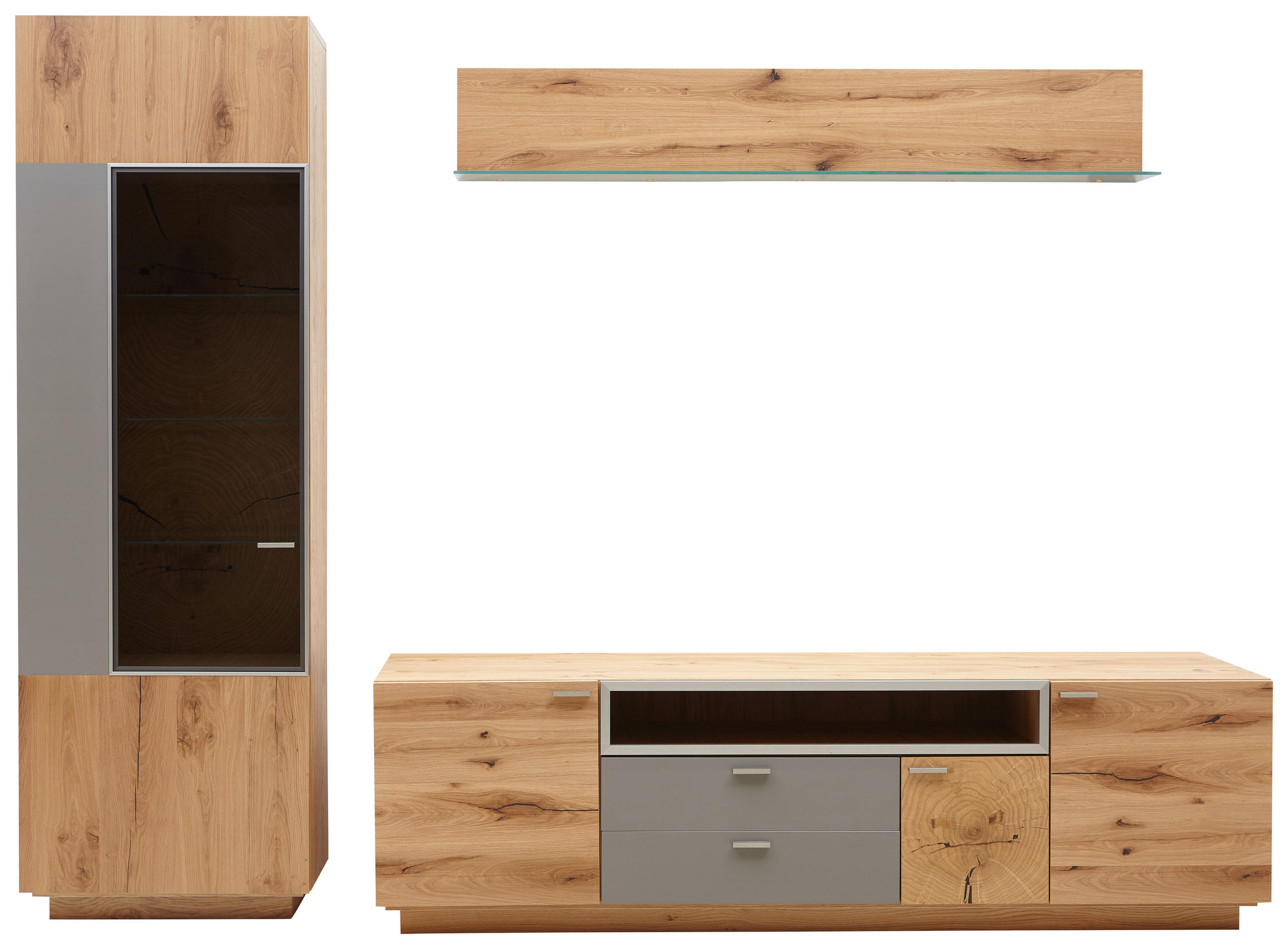 WOHNWAND Asteiche furniert Walnussfarben, Alteiche Befestigungsmaterial, Einlegeböden - Alteiche/Walnussfarben, KONVENTIONELL, Glas/Holz (271/200/55cm) - Voleo