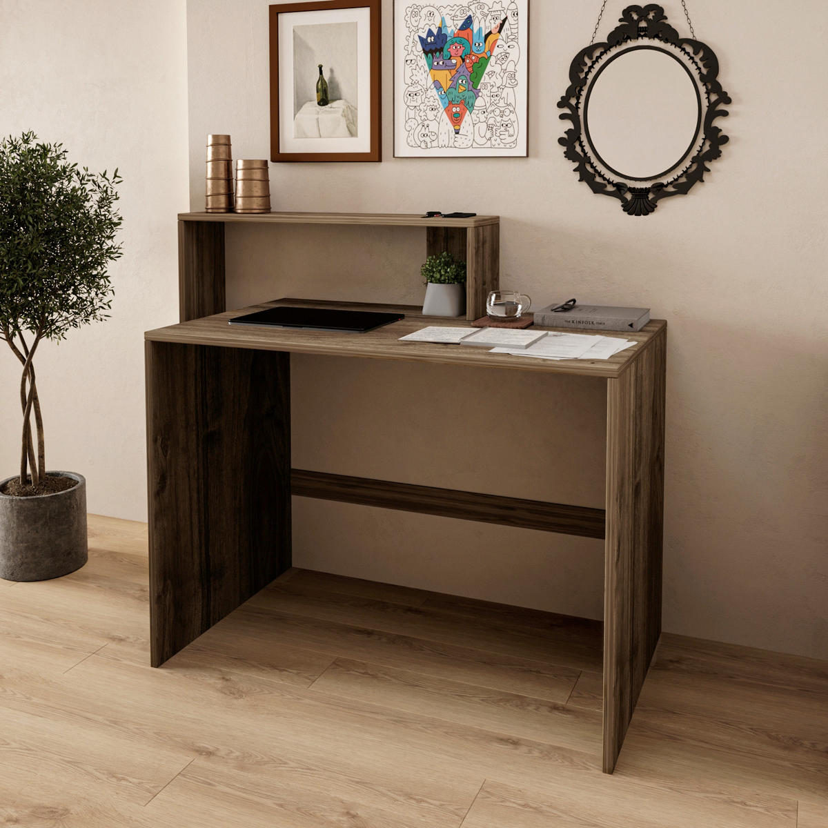 SCHREIBTISCHKOMBINATION  in Walnussfarben  - Walnussfarben/Weiß, Design, Holzwerkstoff (120/55/96cm) - Livetastic