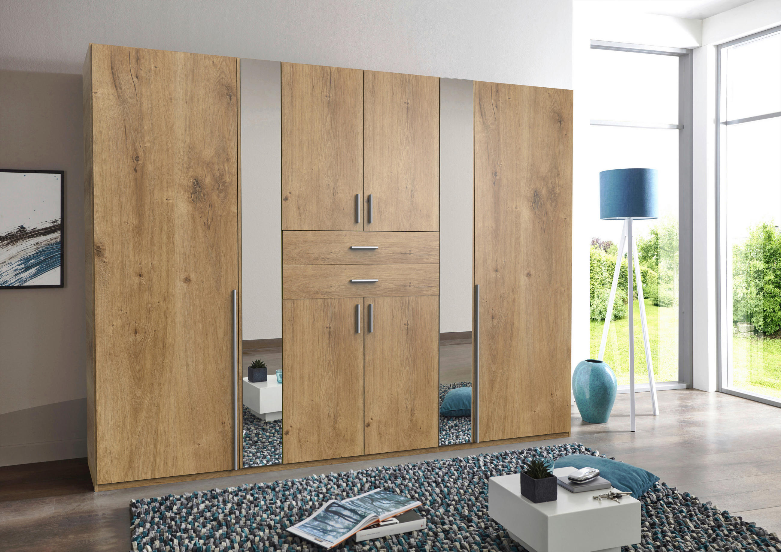 KLEIDERSCHRANK 270/208/58 cm 8-türig Plankeneiche  - Plankeneiche/Alufarben, KONVENTIONELL, Glas/Holzwerkstoff (270/208/58cm) - Carryhome