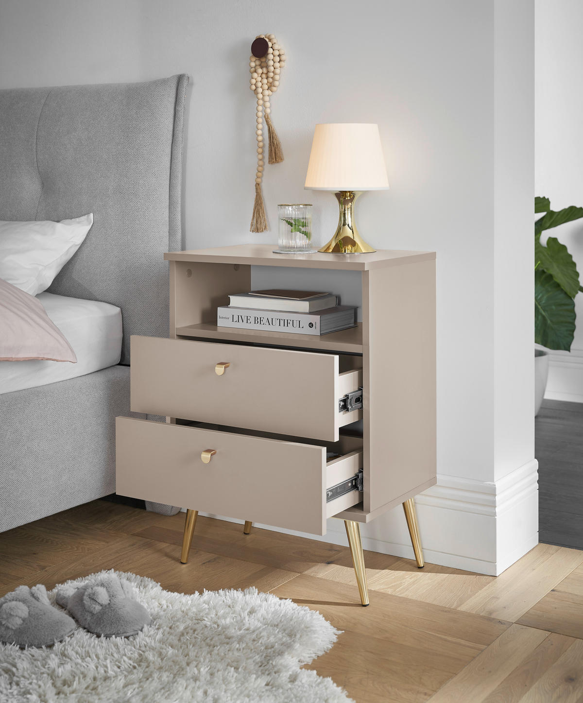 NACHTSCHRANK 50/70/34 cm  - Beige/Messingfarben, KONVENTIONELL, Holzwerkstoff/Metall (50/70/34cm) - Carryhome