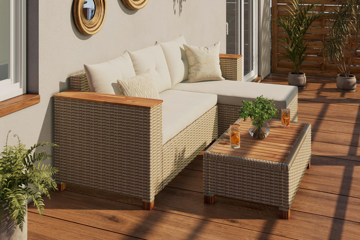 GARTENSET 3-teilig Webstoff Akaziemassiv Stahl 3-teilig  - Beige/Akaziefarben, MODERN, Holz/Kunststoff (118/184cm) - Ambia Garden