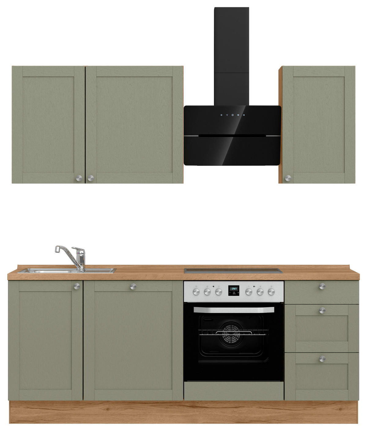 KÜCHENBLOCK Frame 210 cm  in Eichefarben, Olivgrün  - Edelstahlfarben/Eichefarben, MODERN, Holzwerkstoff/Metall (210cm) - Nobilia