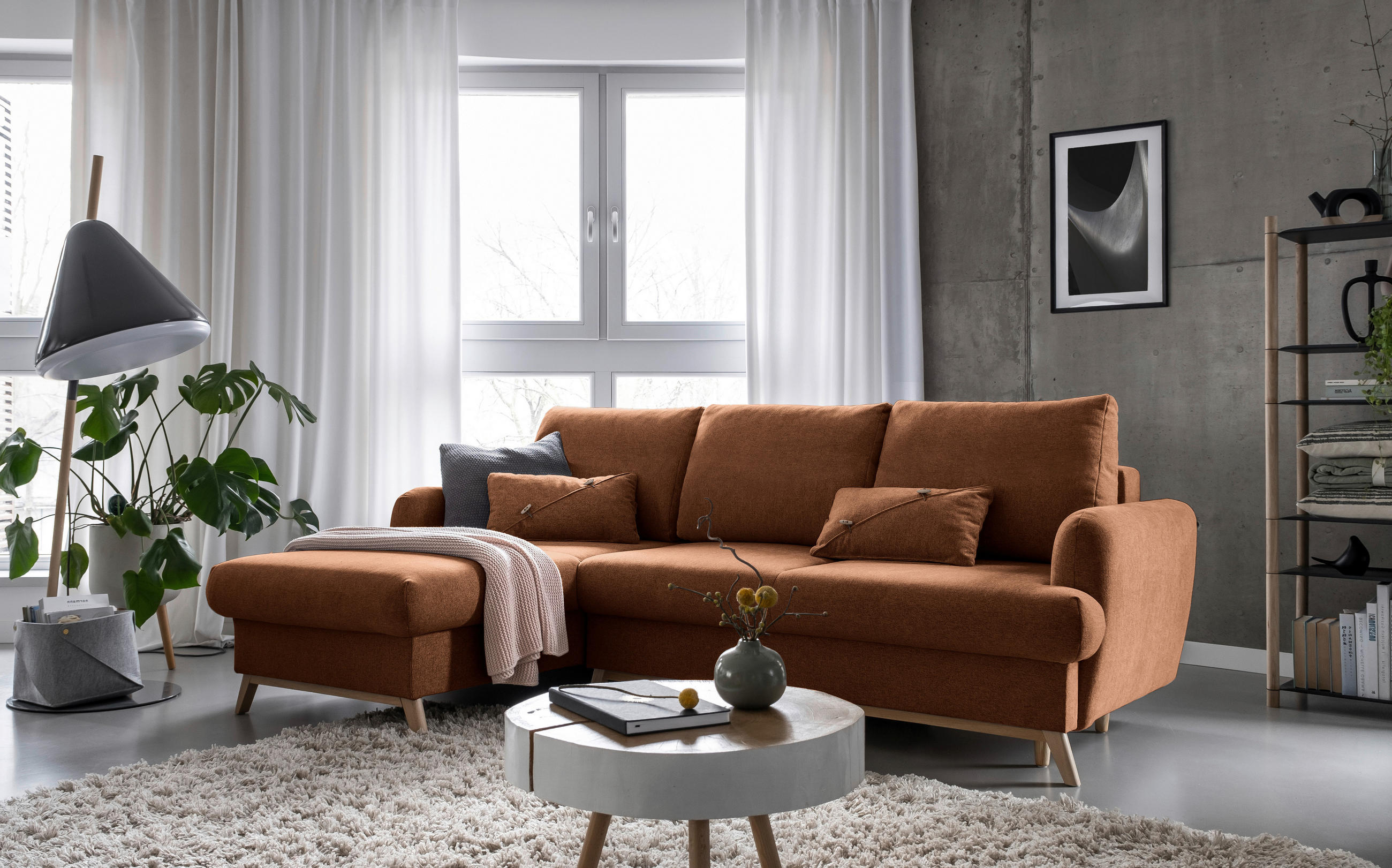 ECKSOFA Terracotta Chenille  - Terracotta/Naturfarben, Holz/Textil (157/235cm) - MID.YOU