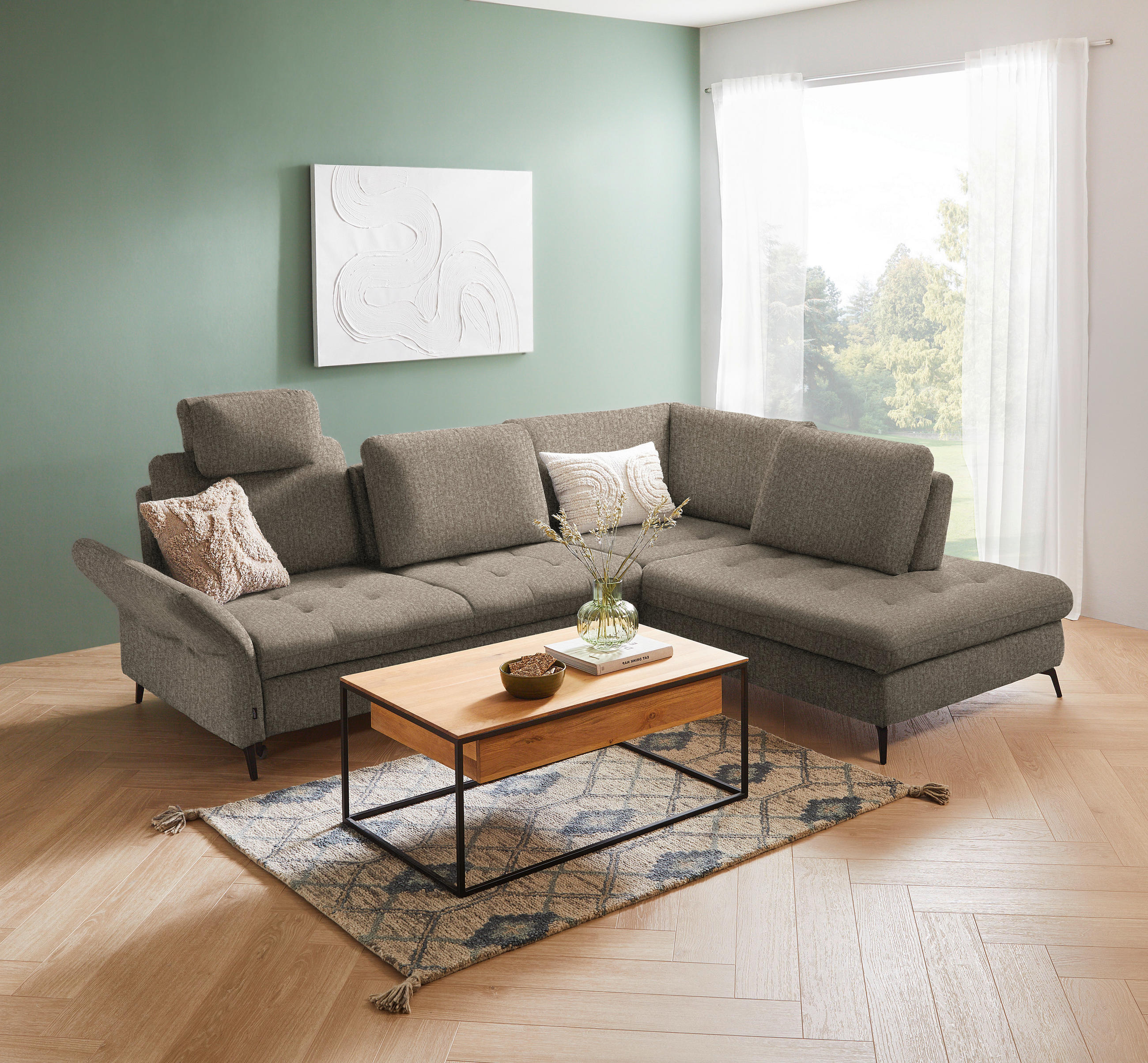 ECKSOFA Greige Struktur  - Greige/Schwarz, Natur, Textil/Metall (288/233cm) - Valnatura